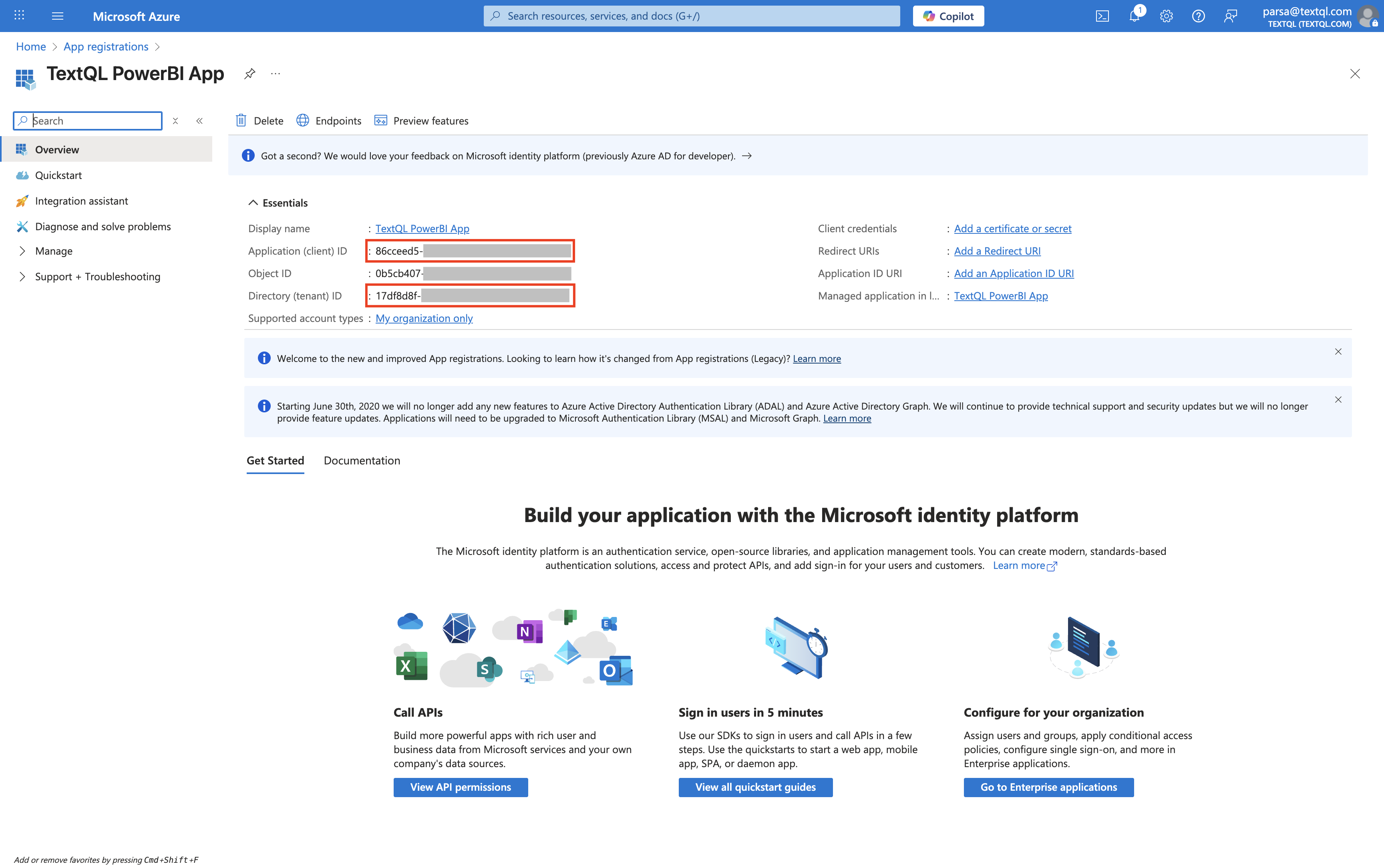 Application overview showing credentials