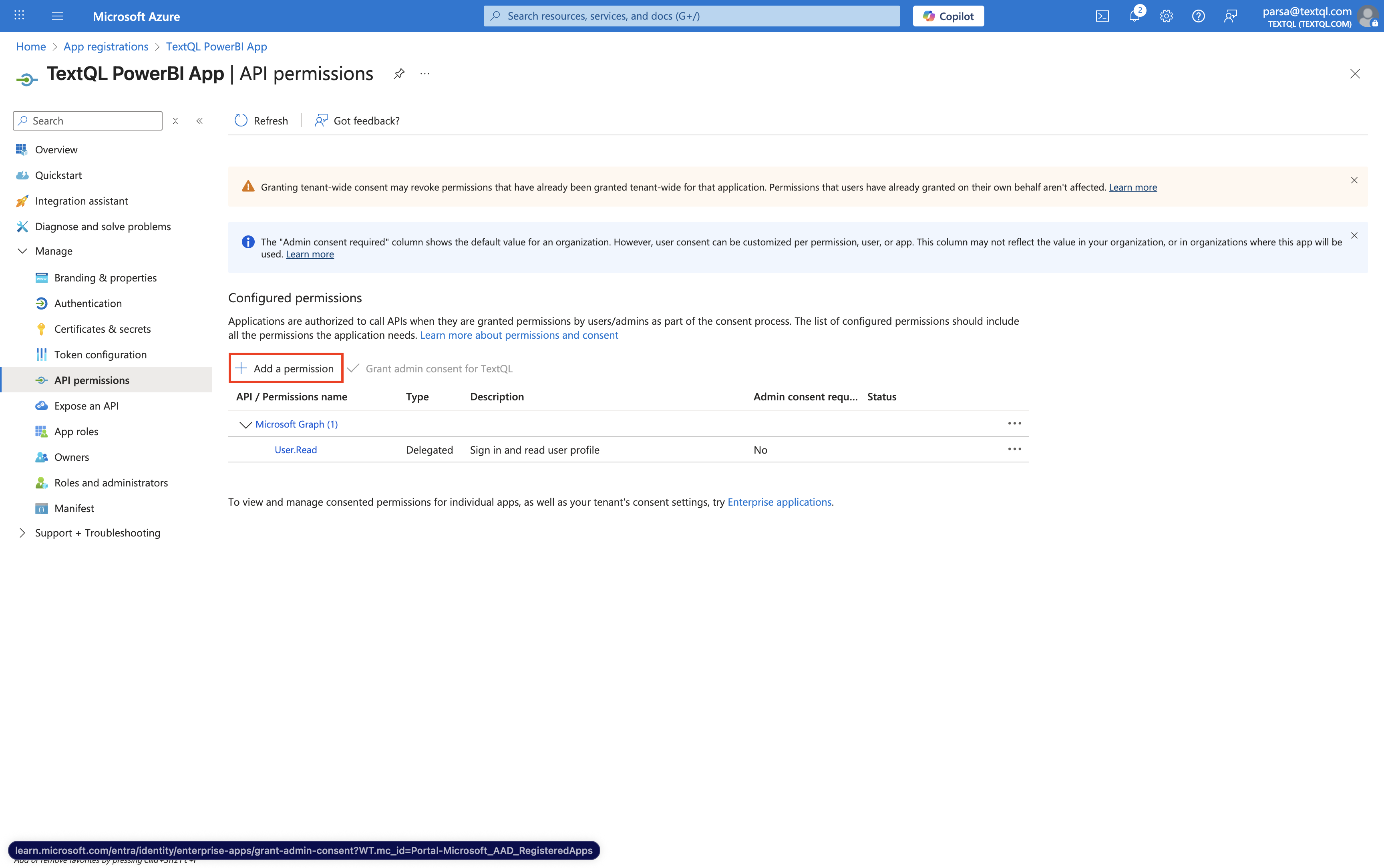 API permissions page