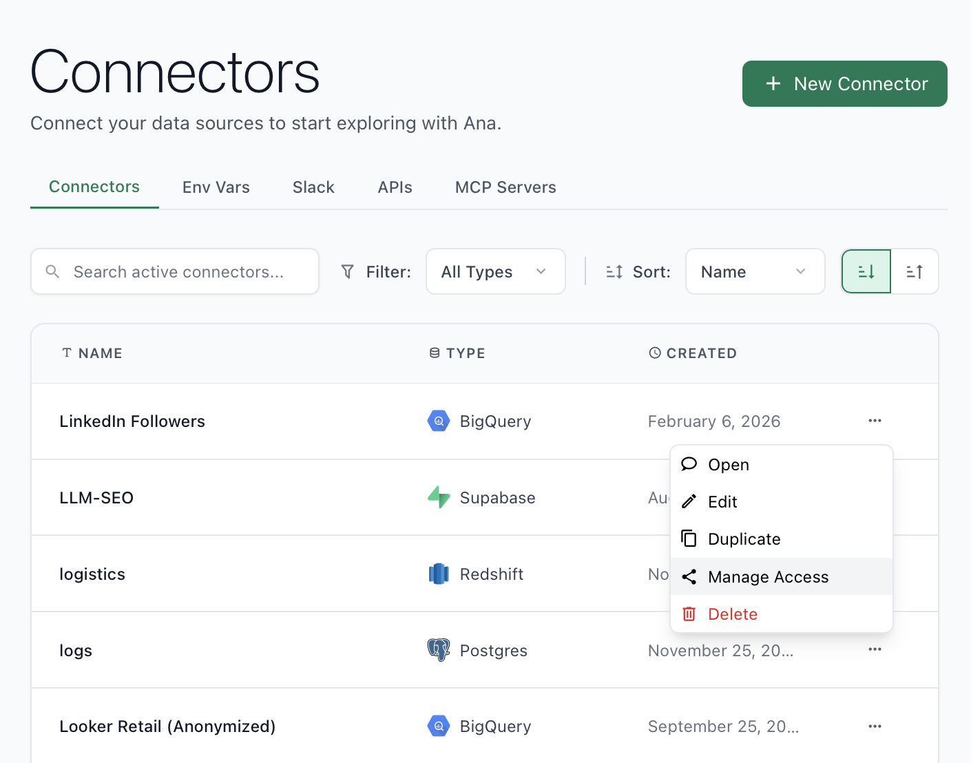 Connectors page showing the '...' menu with Manage Access option