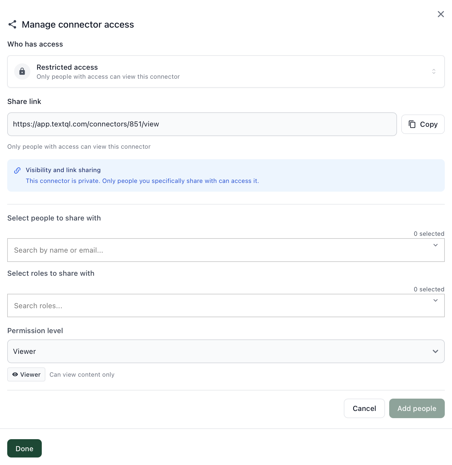 Manage connector access modal showing restricted access, role selection, and permission level