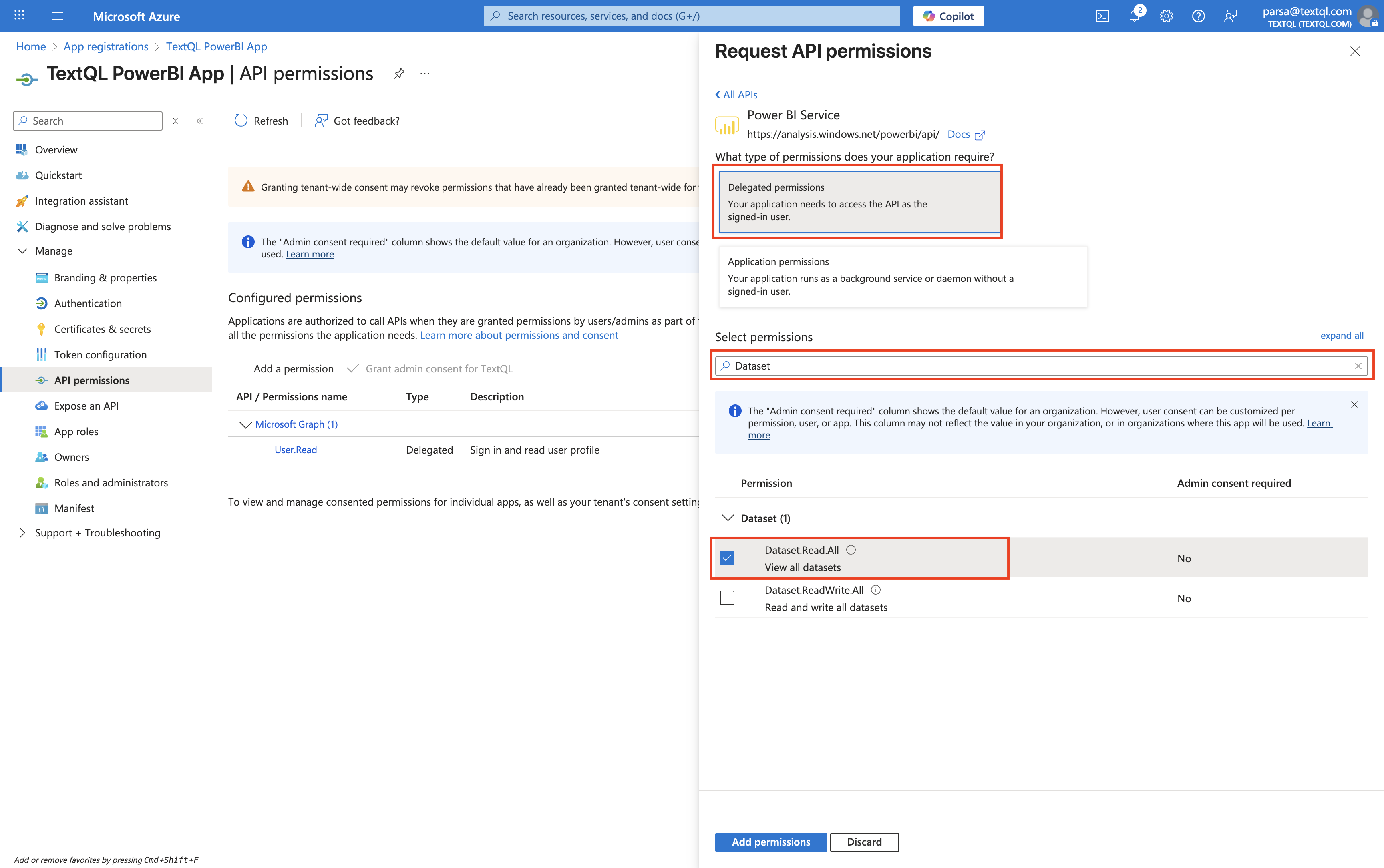 API permissions page