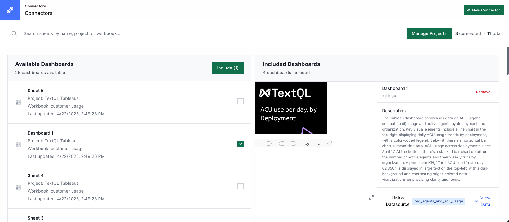 Selecting Tableaus to sync.