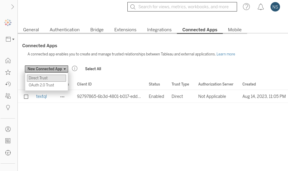 Connected apps pane in Tableau
