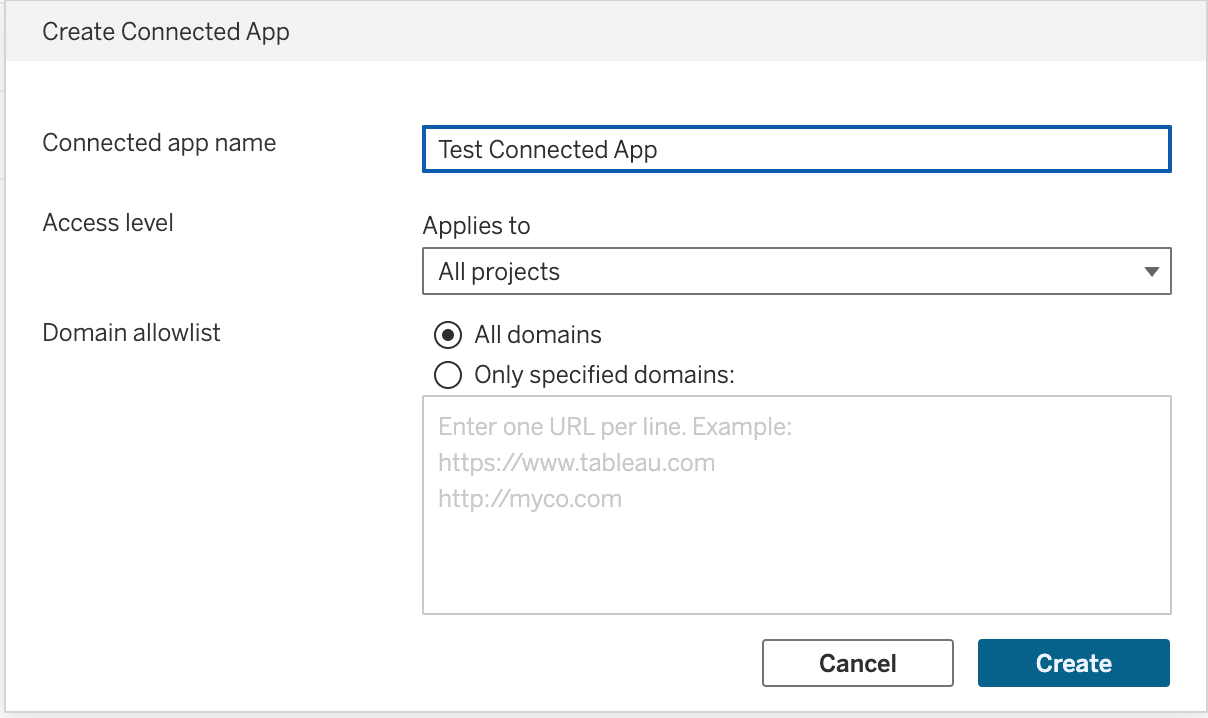 Form for creating connected apps in Tableau