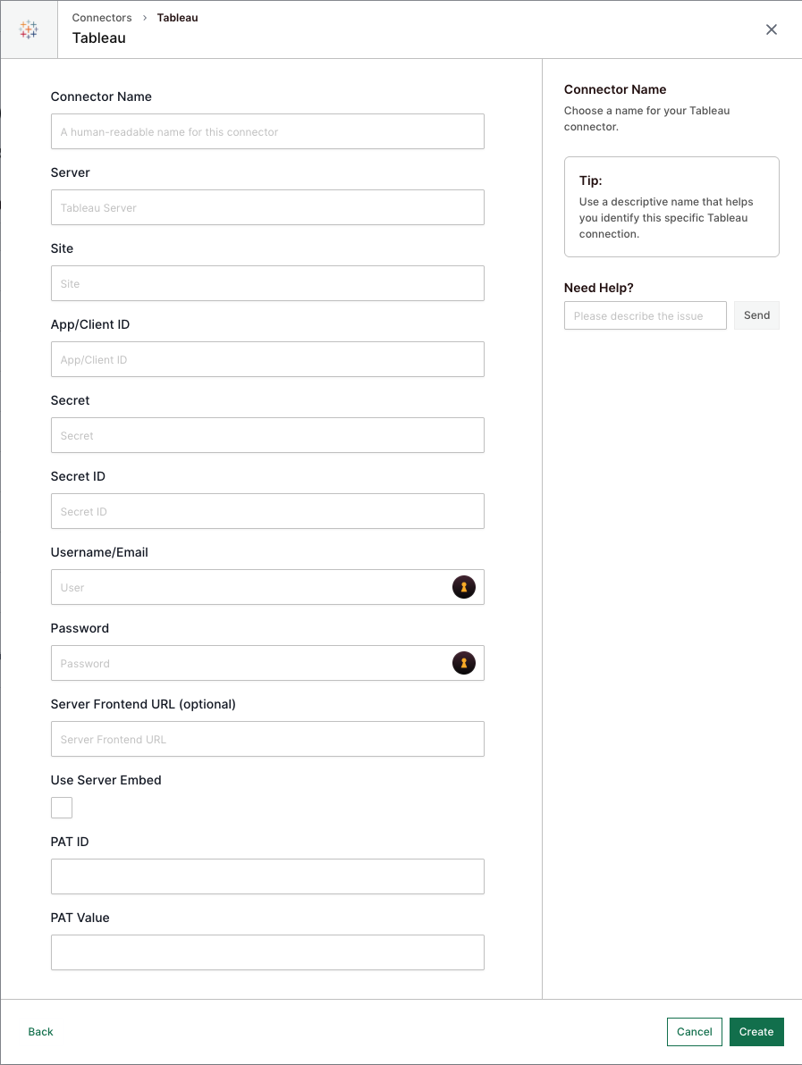 Setting up a new Tableau Connector—Credentials form