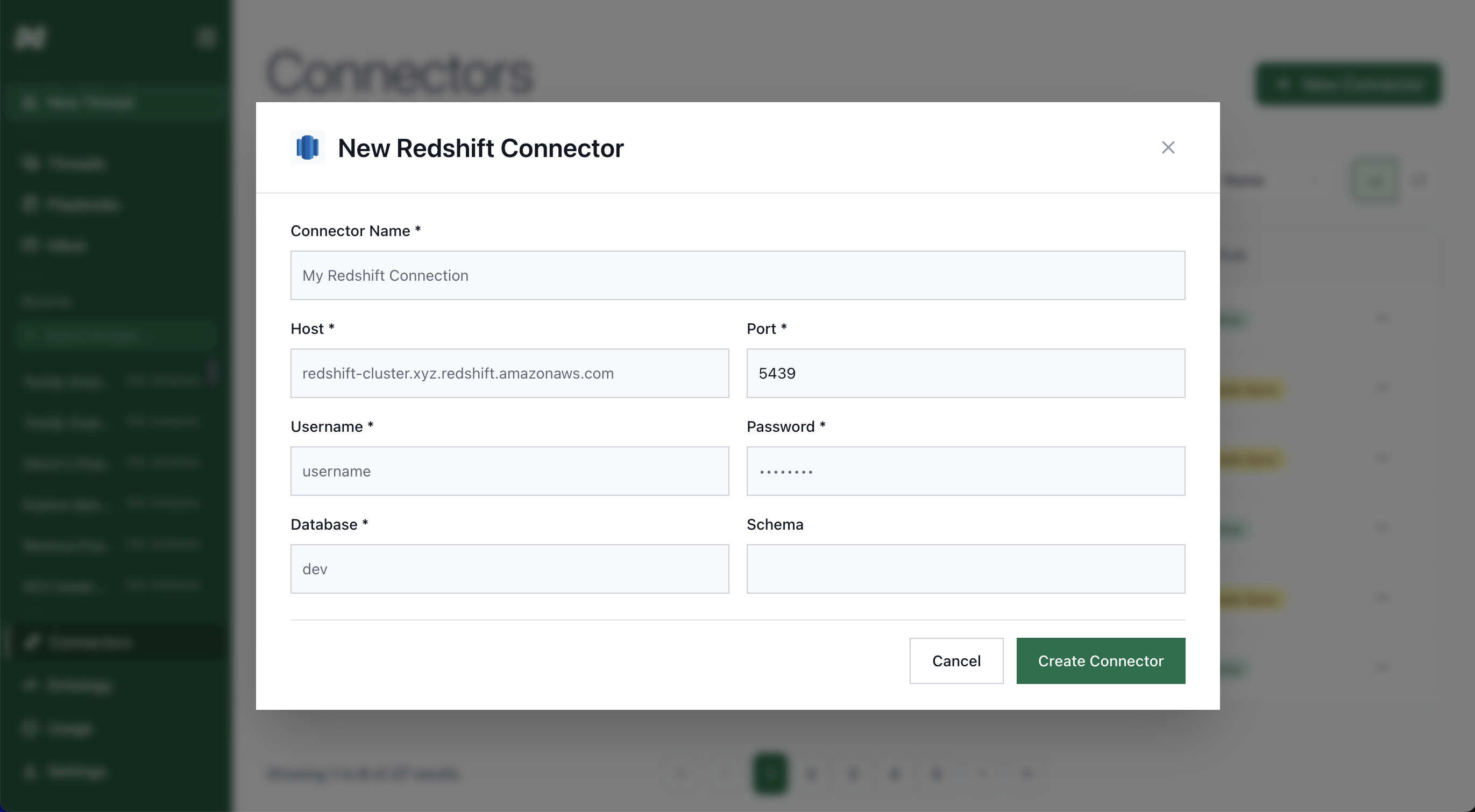 Form for adding a Redshift connector