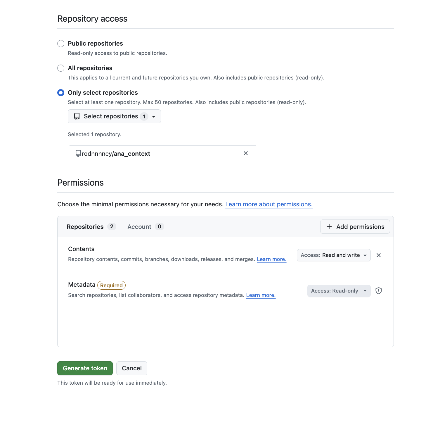 Select repository scope permissions