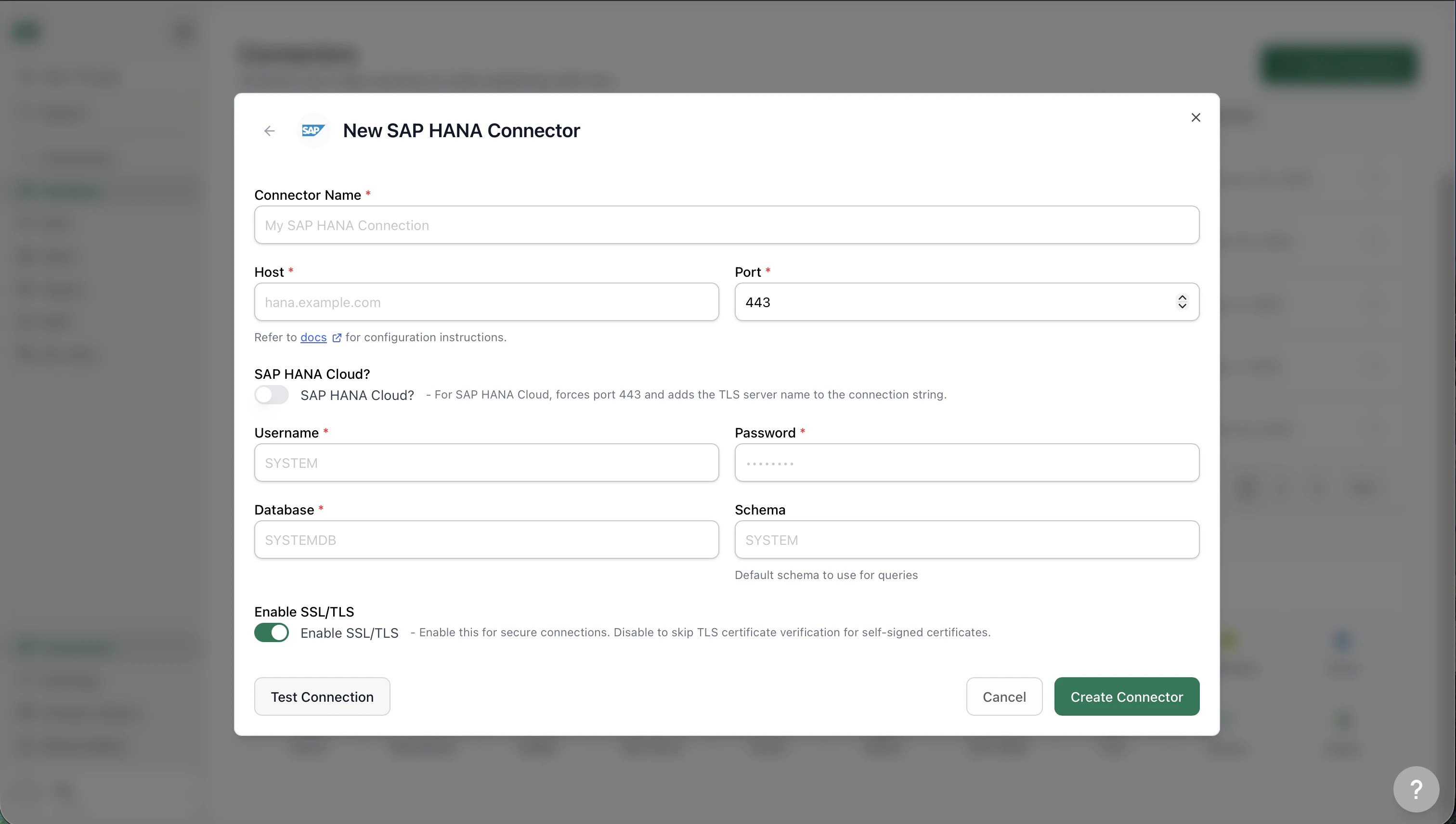 New SAP HANA Connector form
