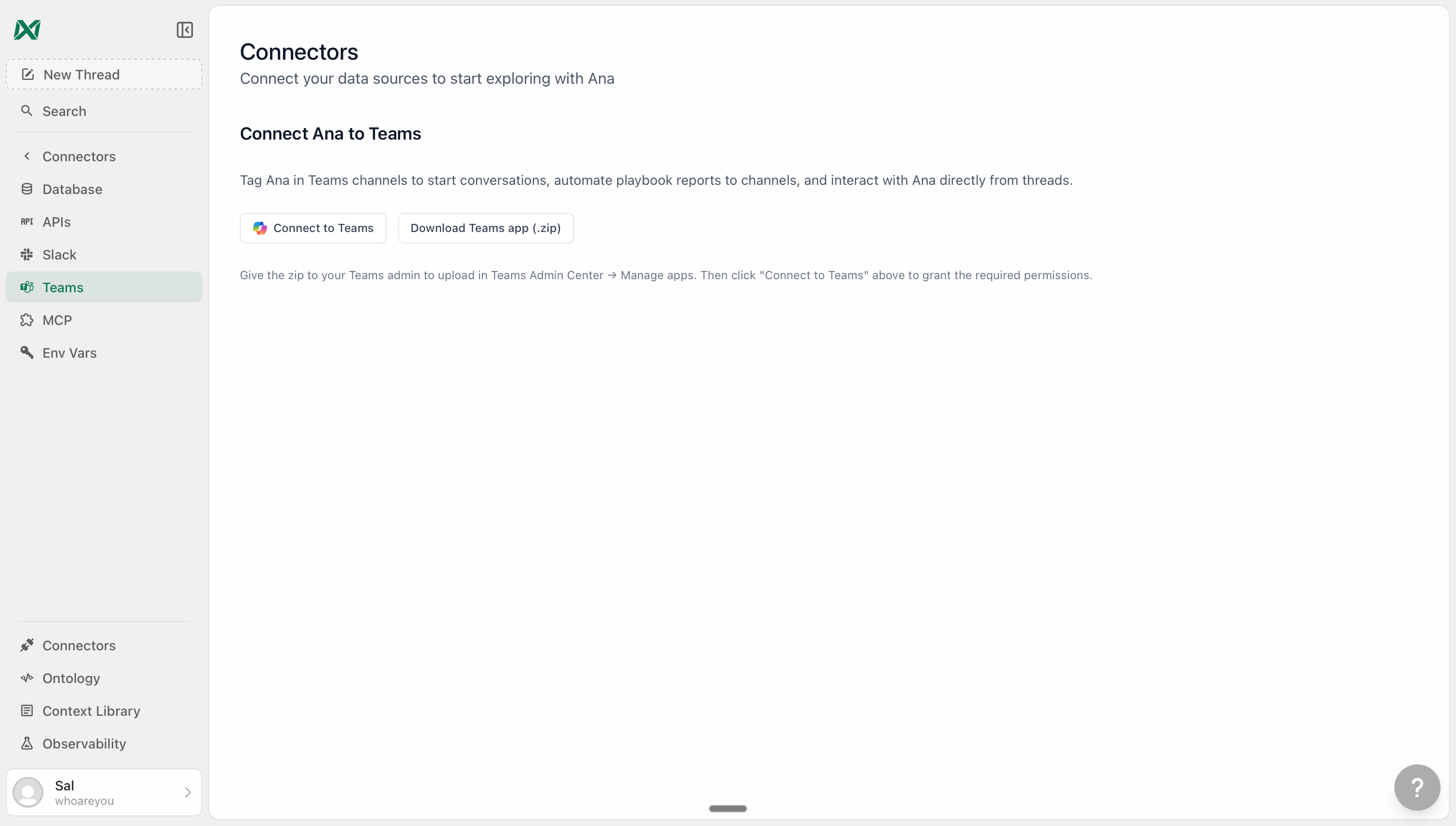 TextQL Connectors Teams page