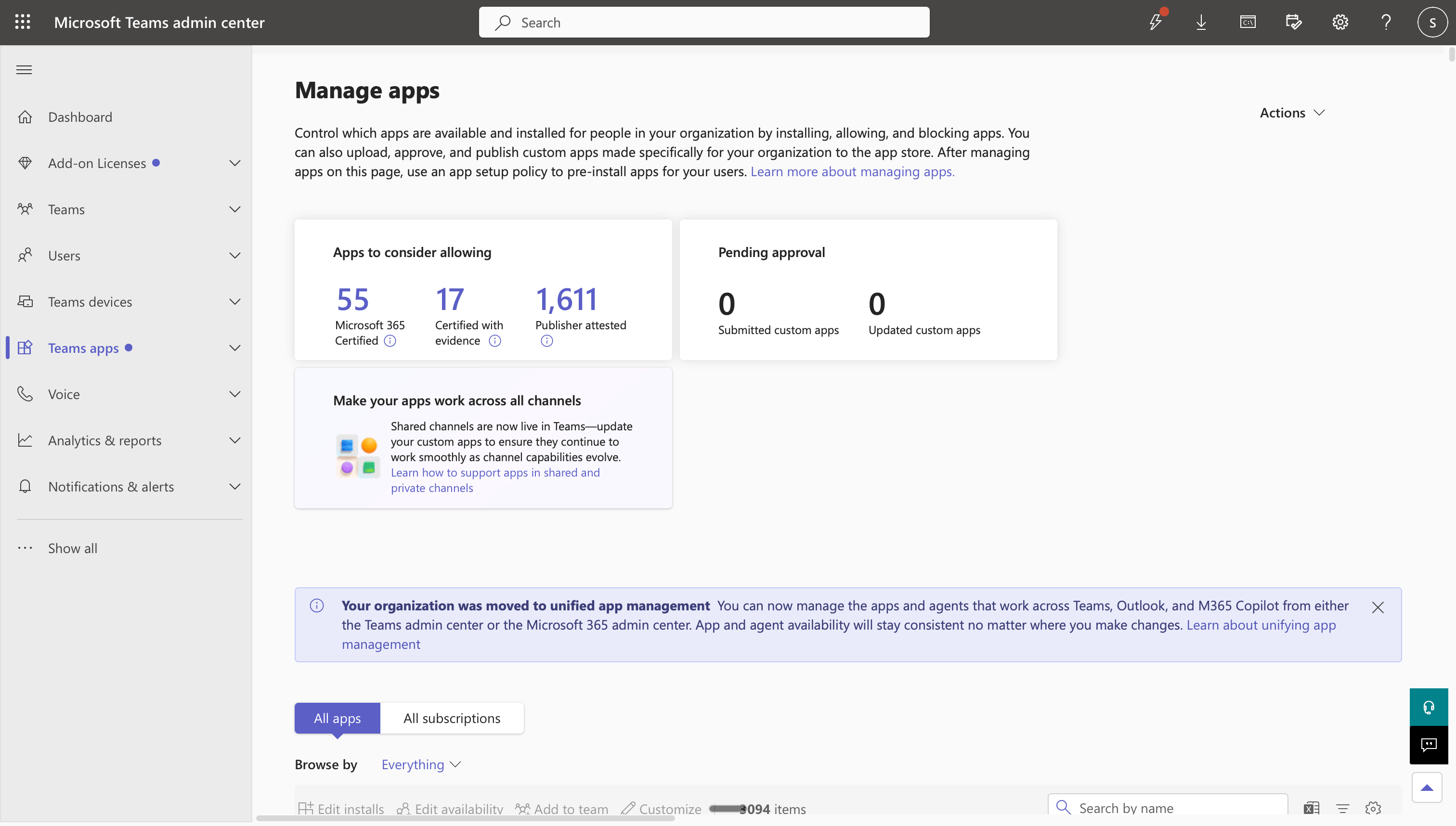 Teams Admin Center - Manage Apps
