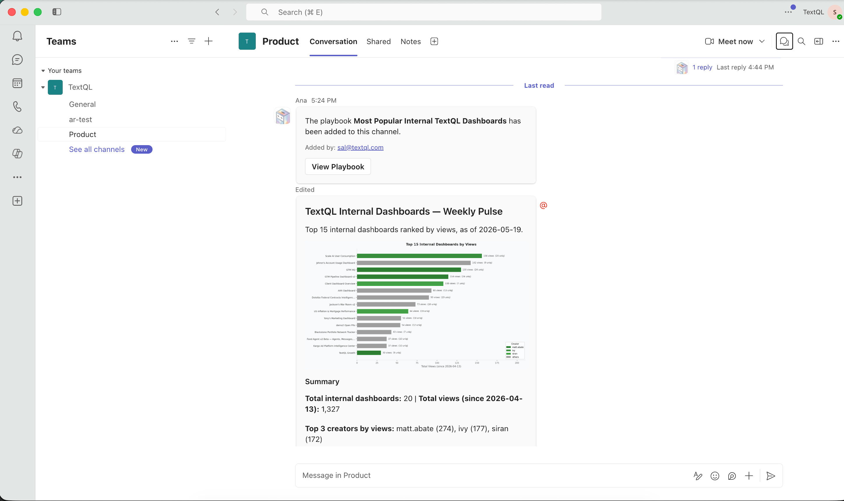 Ana playbook report delivered to Teams channel
