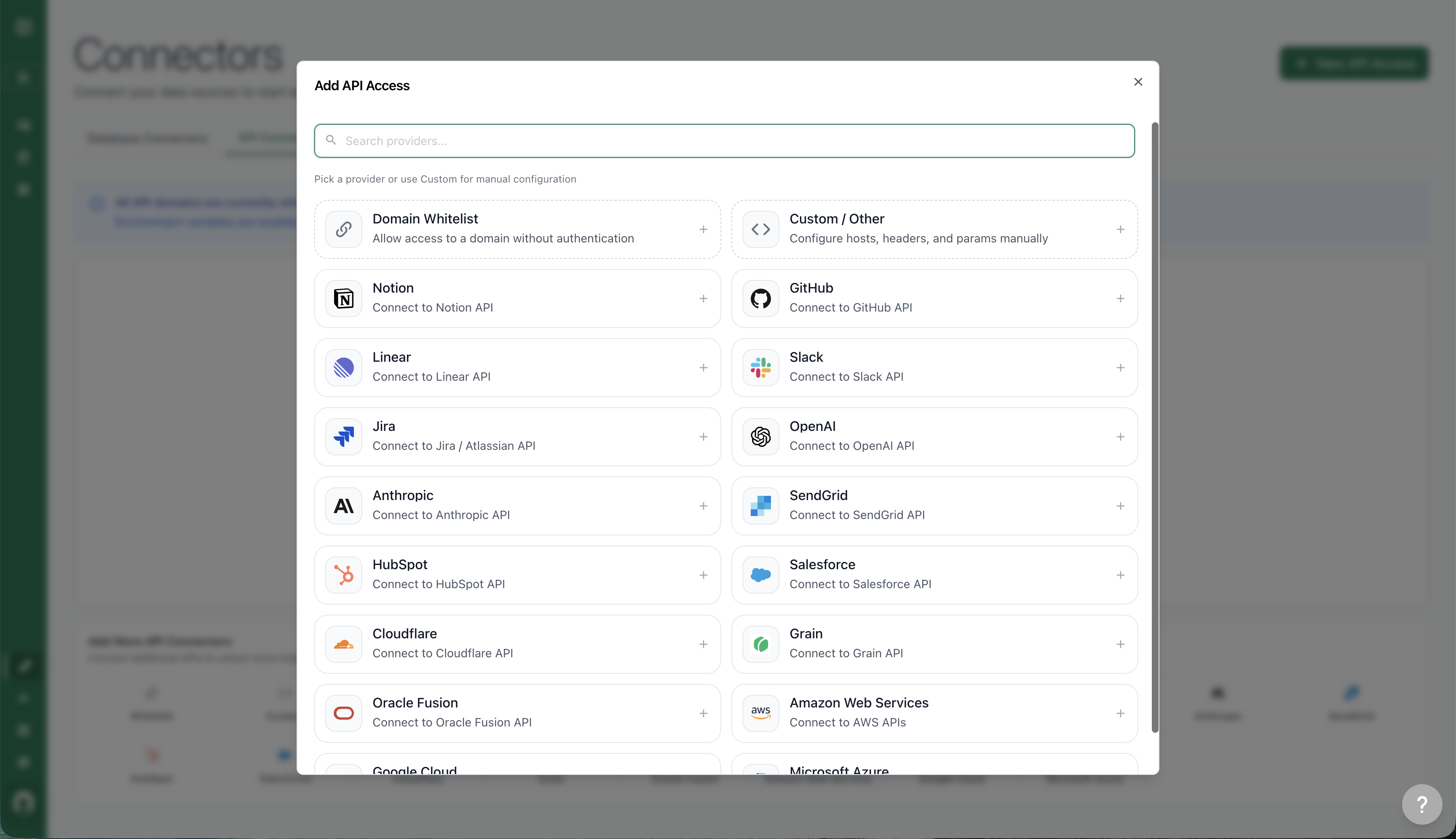 Add API Access modal showing available templates