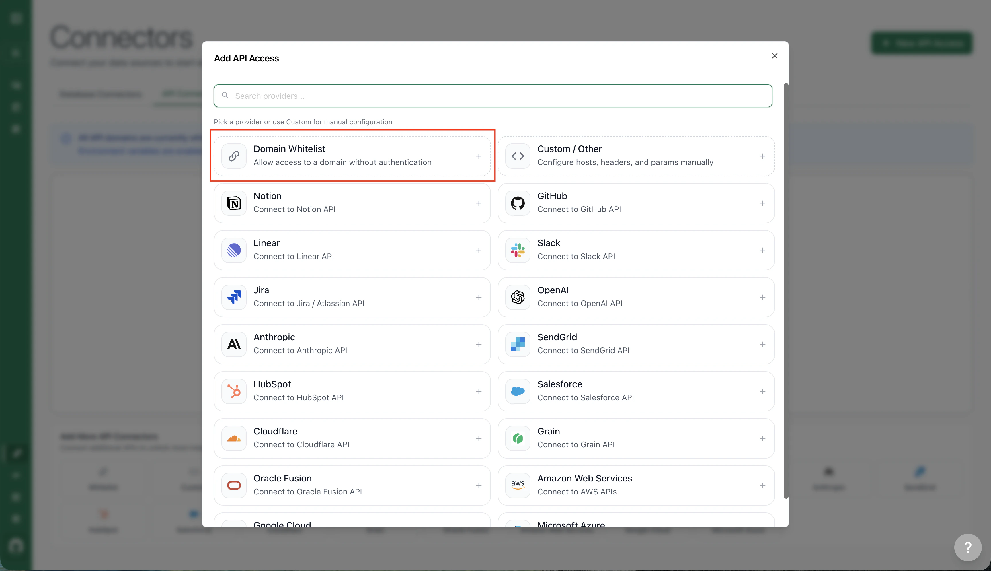 Add API Access modal with Domain Whitelist option highlighted