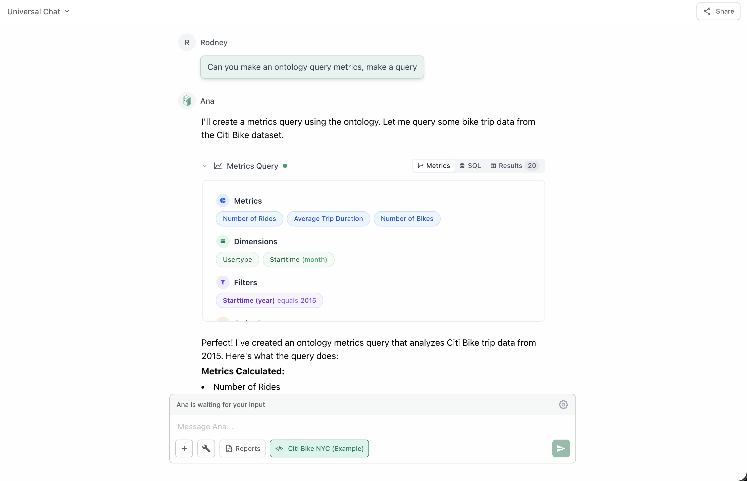 Ontology tool showing metrics and dimensions