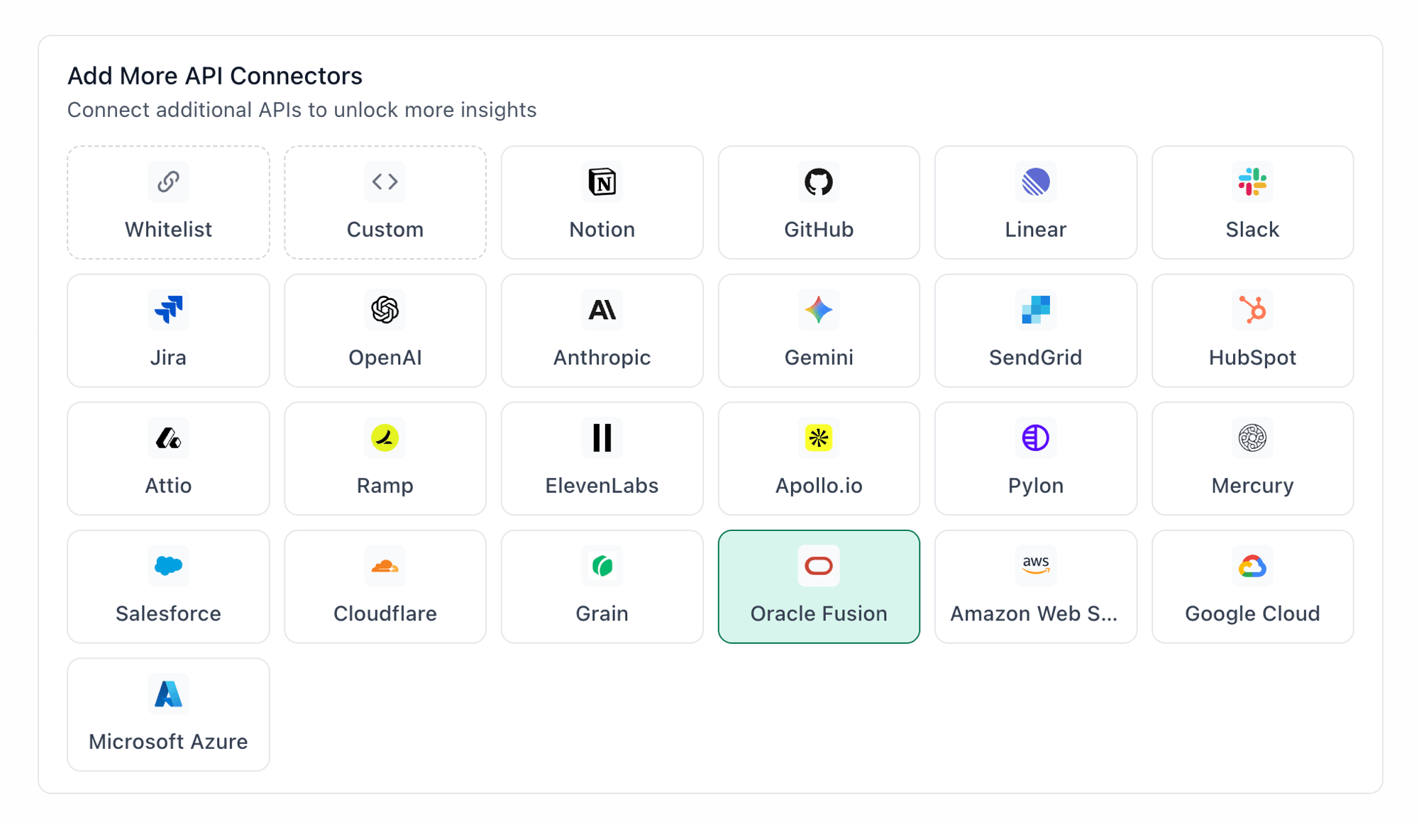 TextQL Add More API Connectors panel with Oracle Fusion highlighted