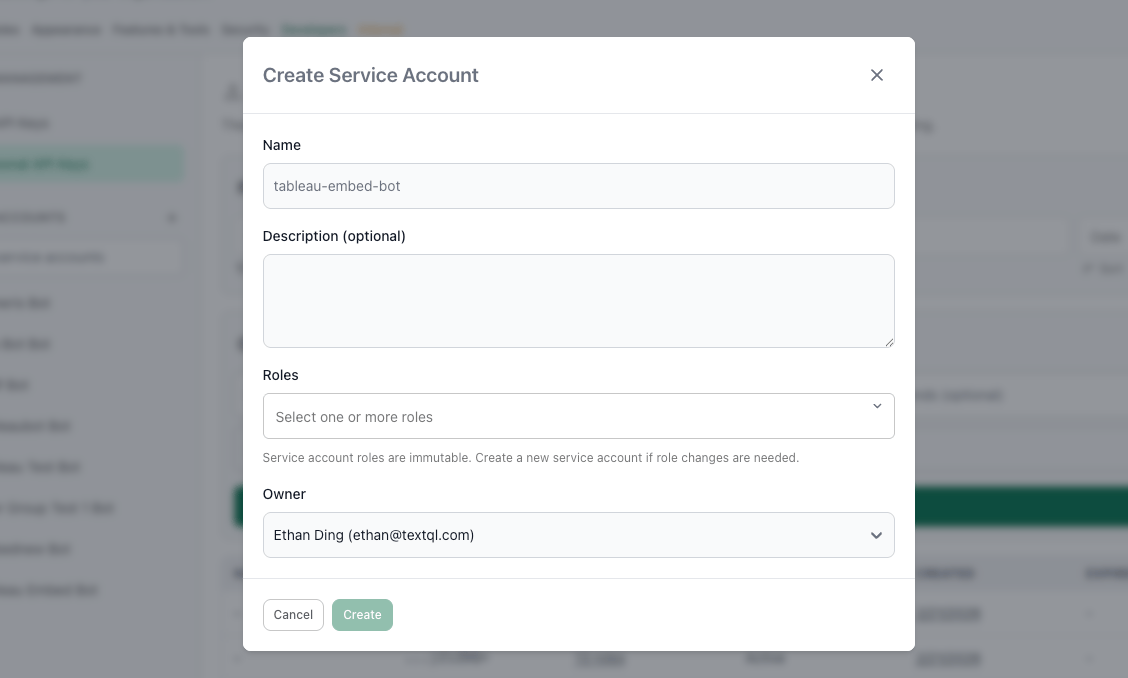 Create service account modal