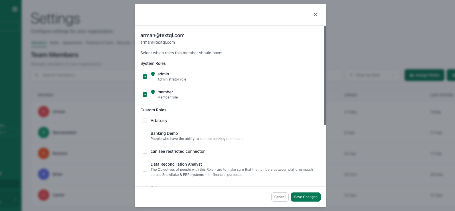 Settings Roles page