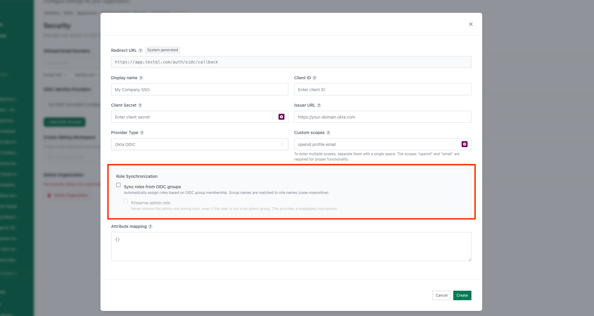 Settings Security Add OIDC Provider dialog