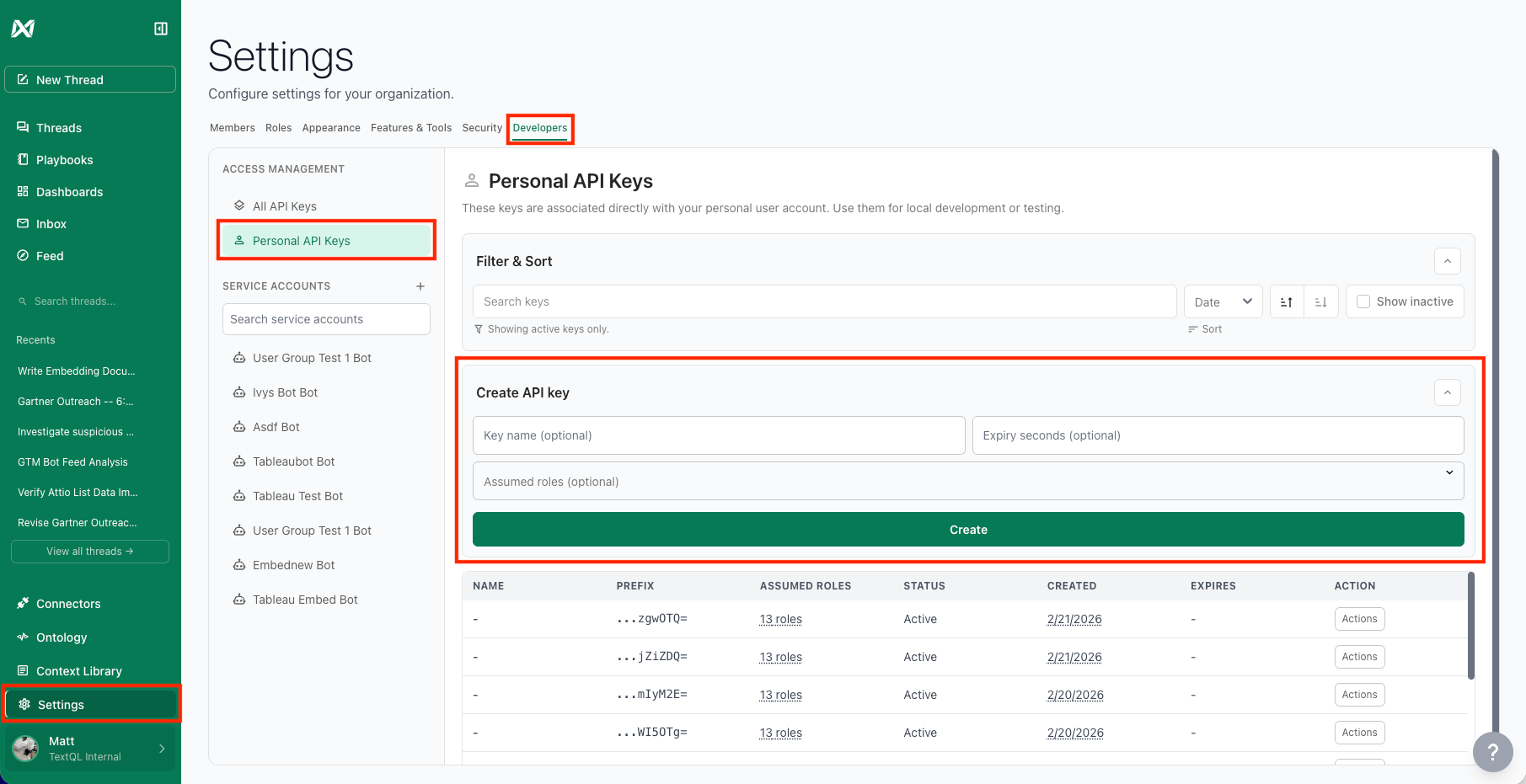 Personal API Keys settings page
