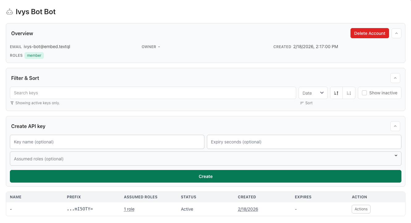 Service account detail page