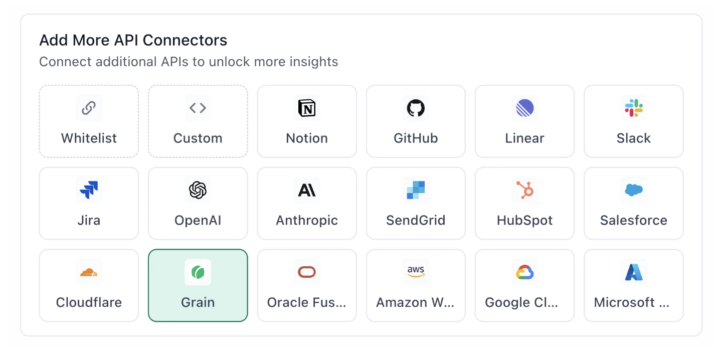 TextQL Add More API Connectors panel with Grain highlighted