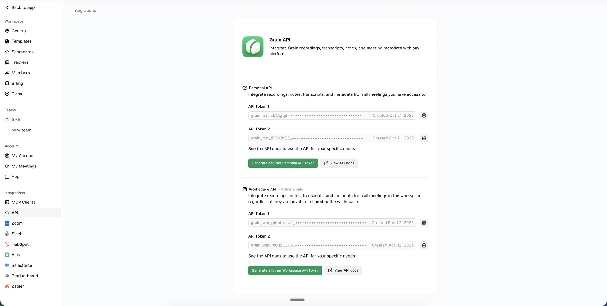 Grain API token generation page showing Personal and Workspace API sections