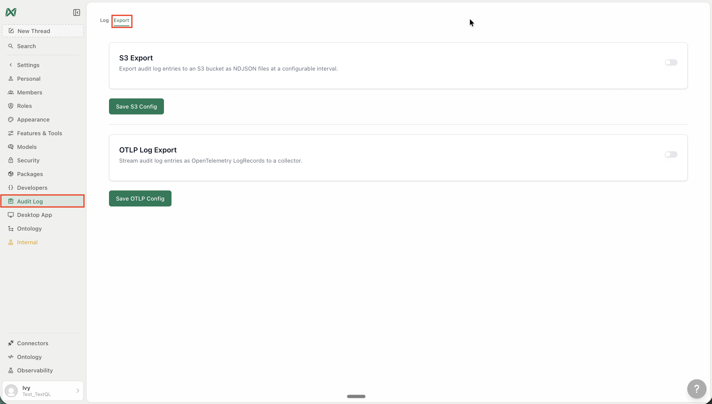 Audit Log Export tab showing S3 Export and OTLP Log Export sections