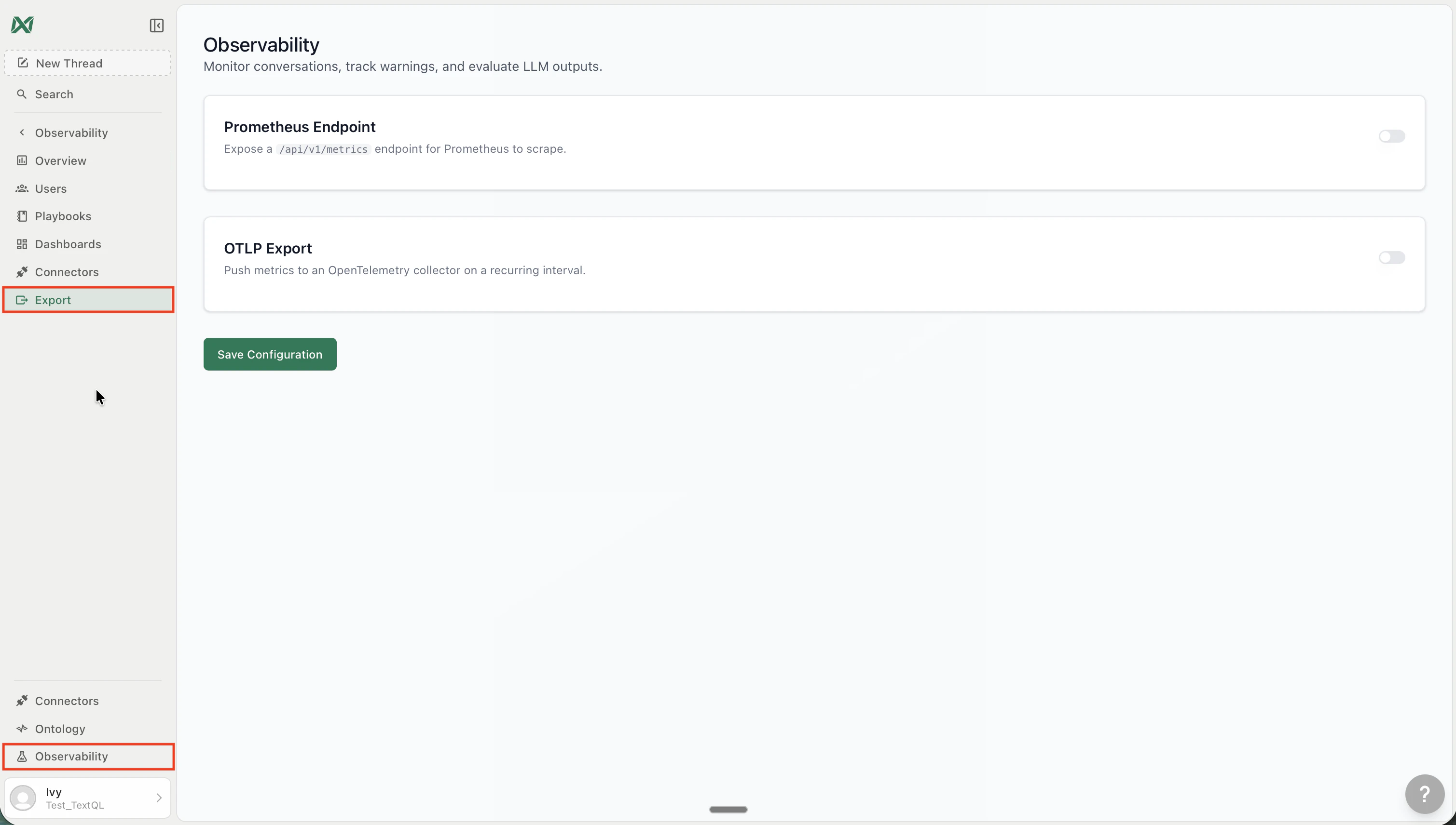 Observability Export tab showing Prometheus Endpoint and OTLP Export sections