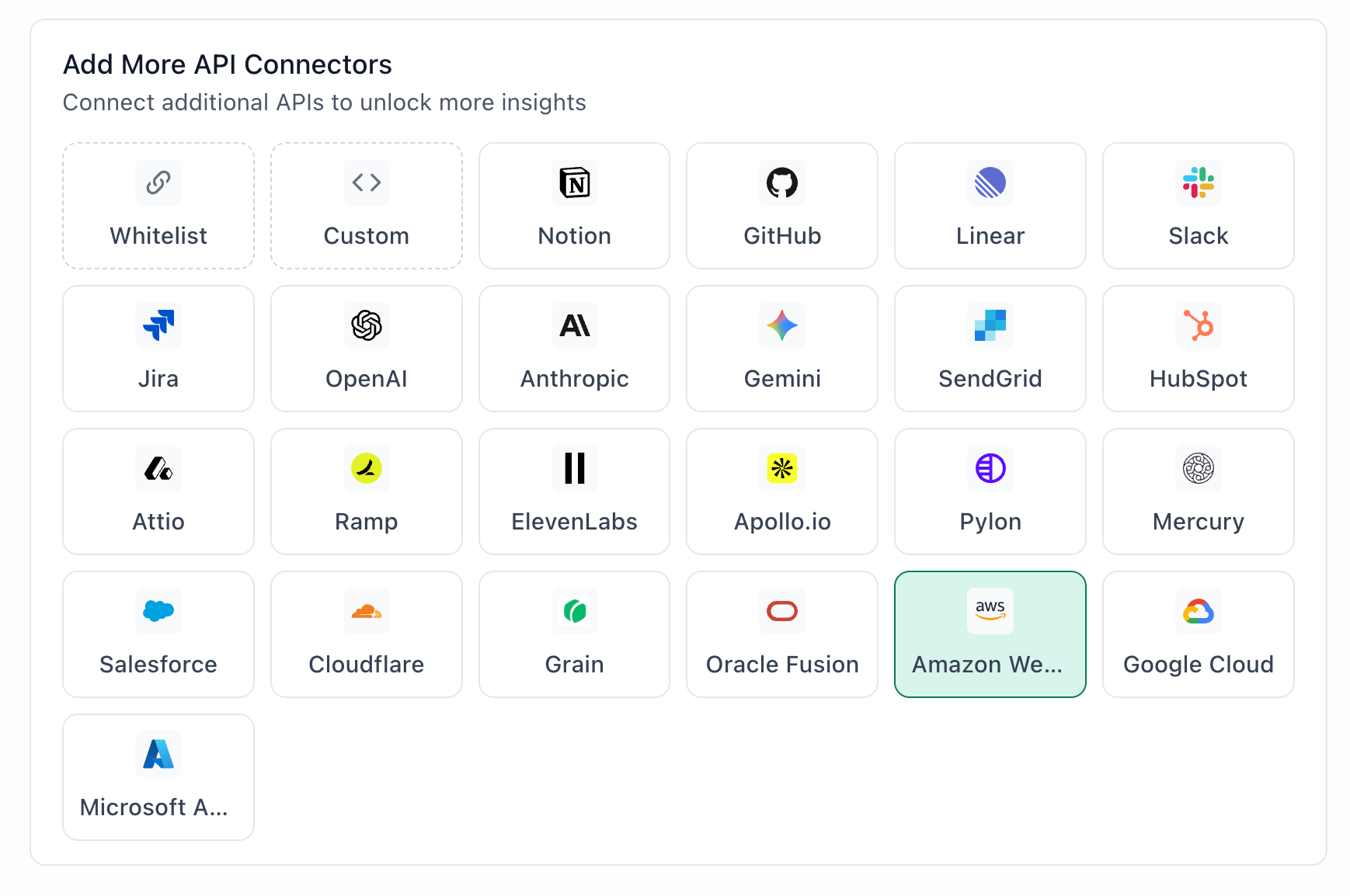 AWS connector in the TextQL API connectors grid