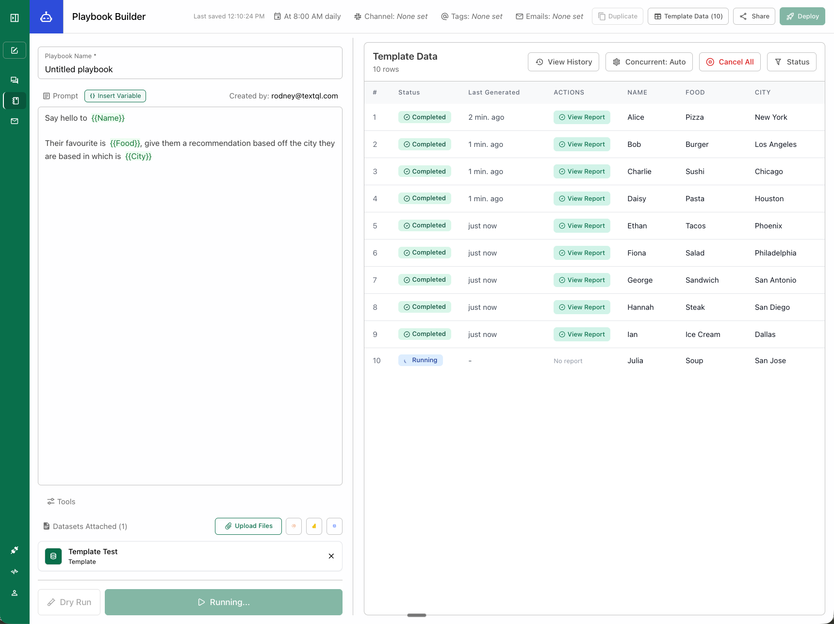 Completed batch run results