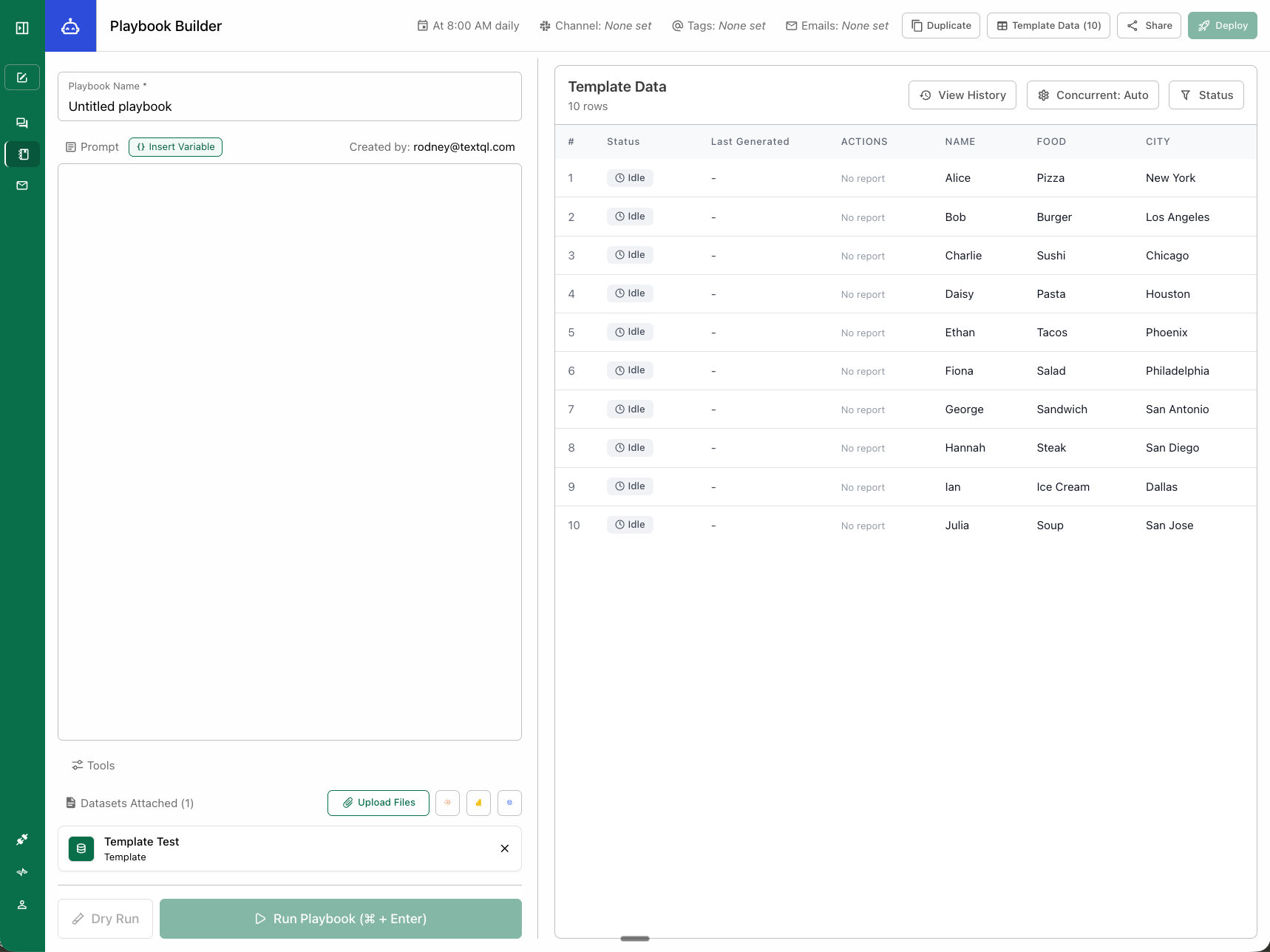 Template table view with columns and rows