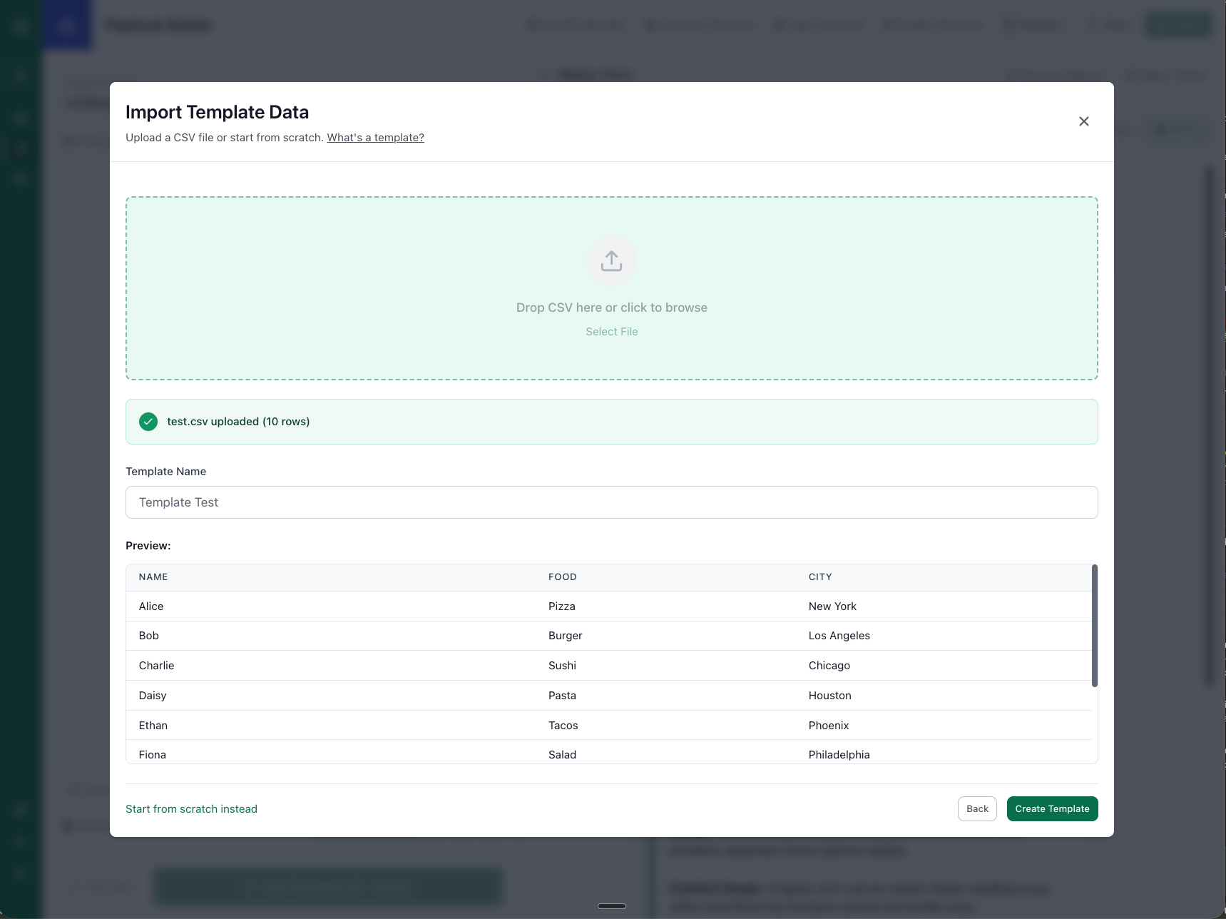 Upload template table