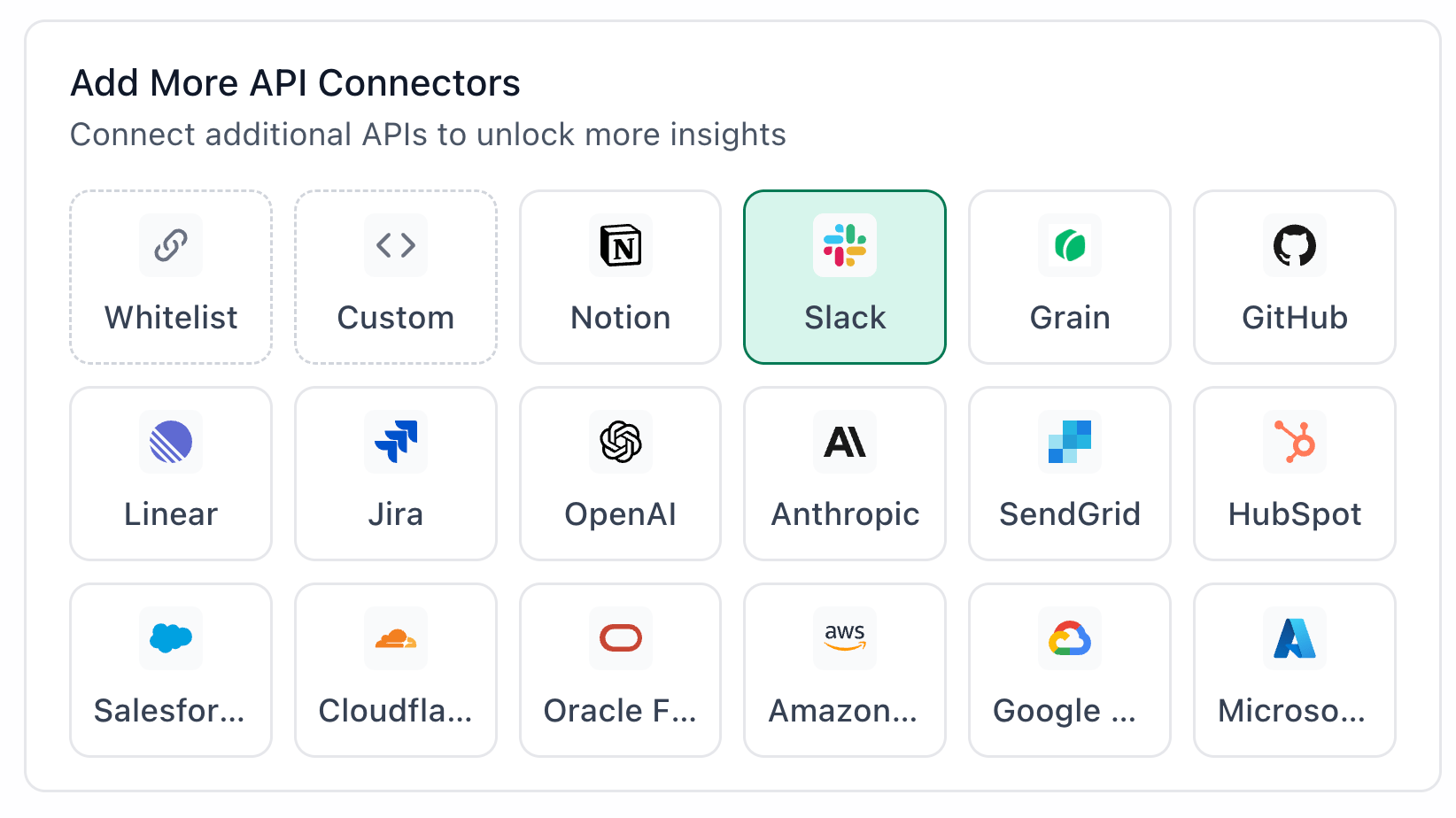 Slack connector in the TextQL API connectors grid