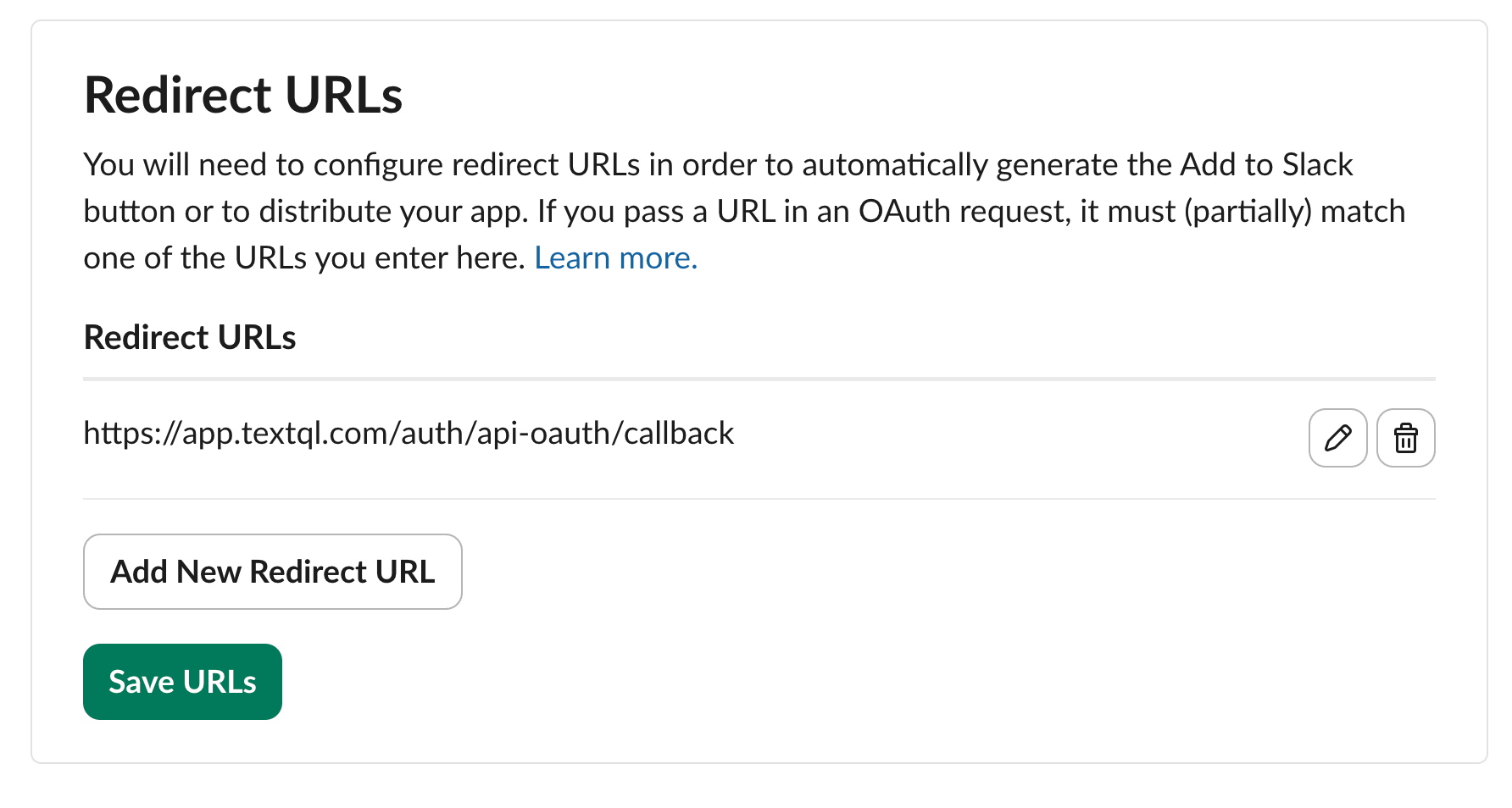 Redirect URLs configuration in Slack OAuth & Permissions