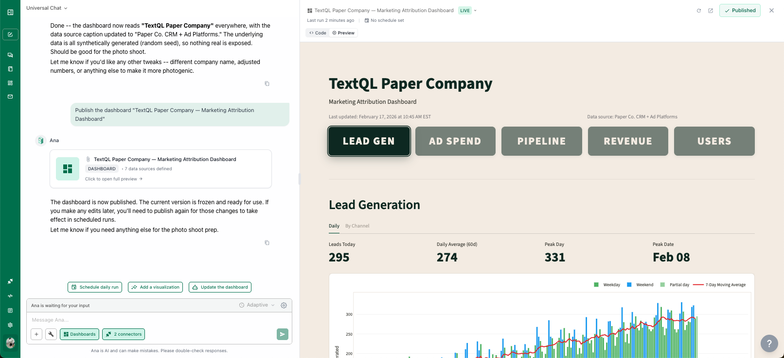 Example of a persistent dashboard in TextQL