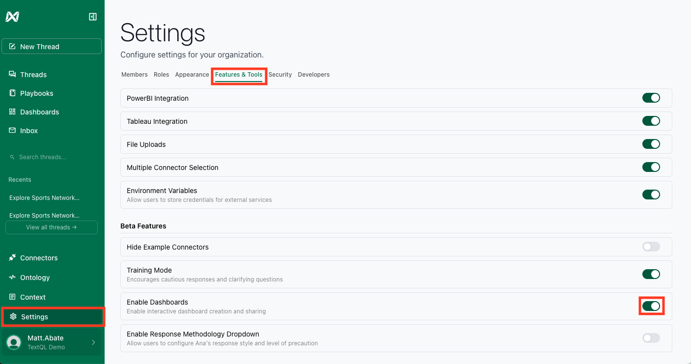 Enabling dashboards in TextQL settings