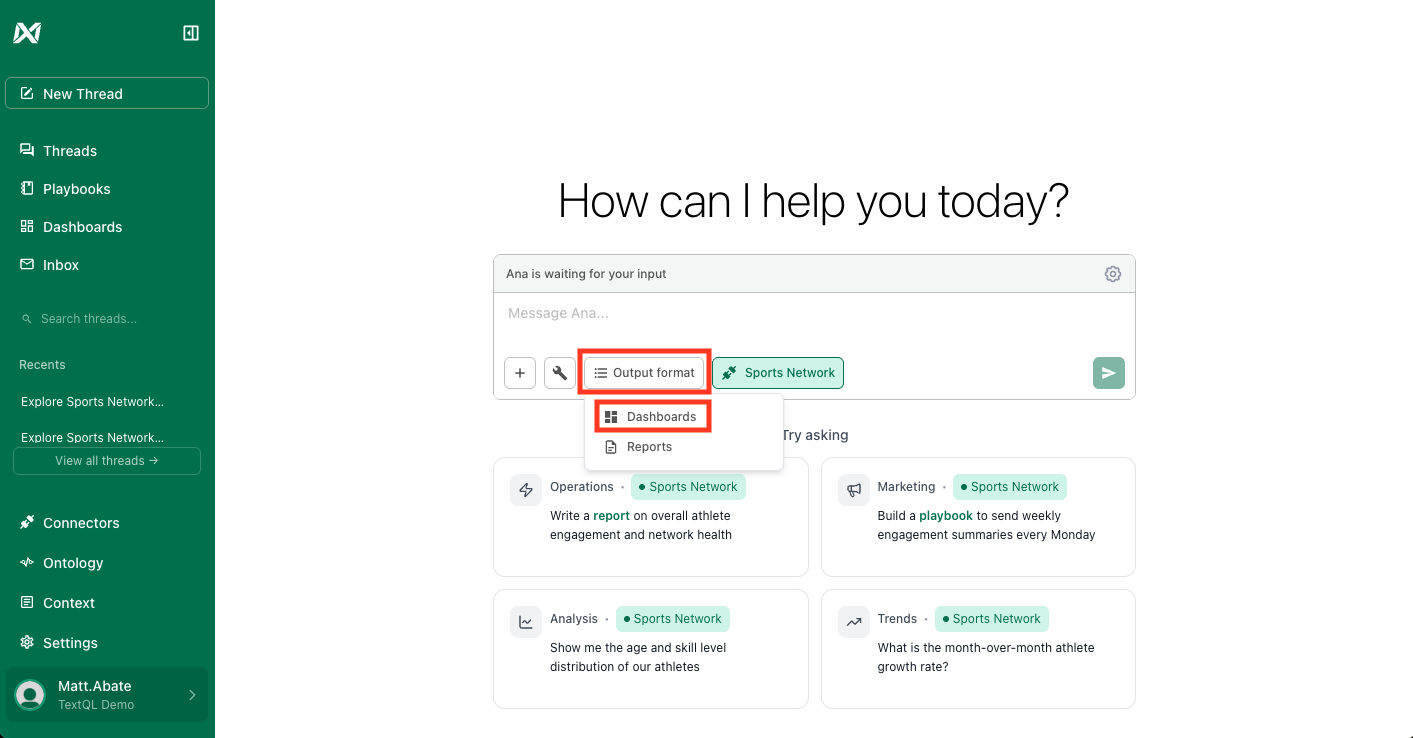 Selecting dashboard output format