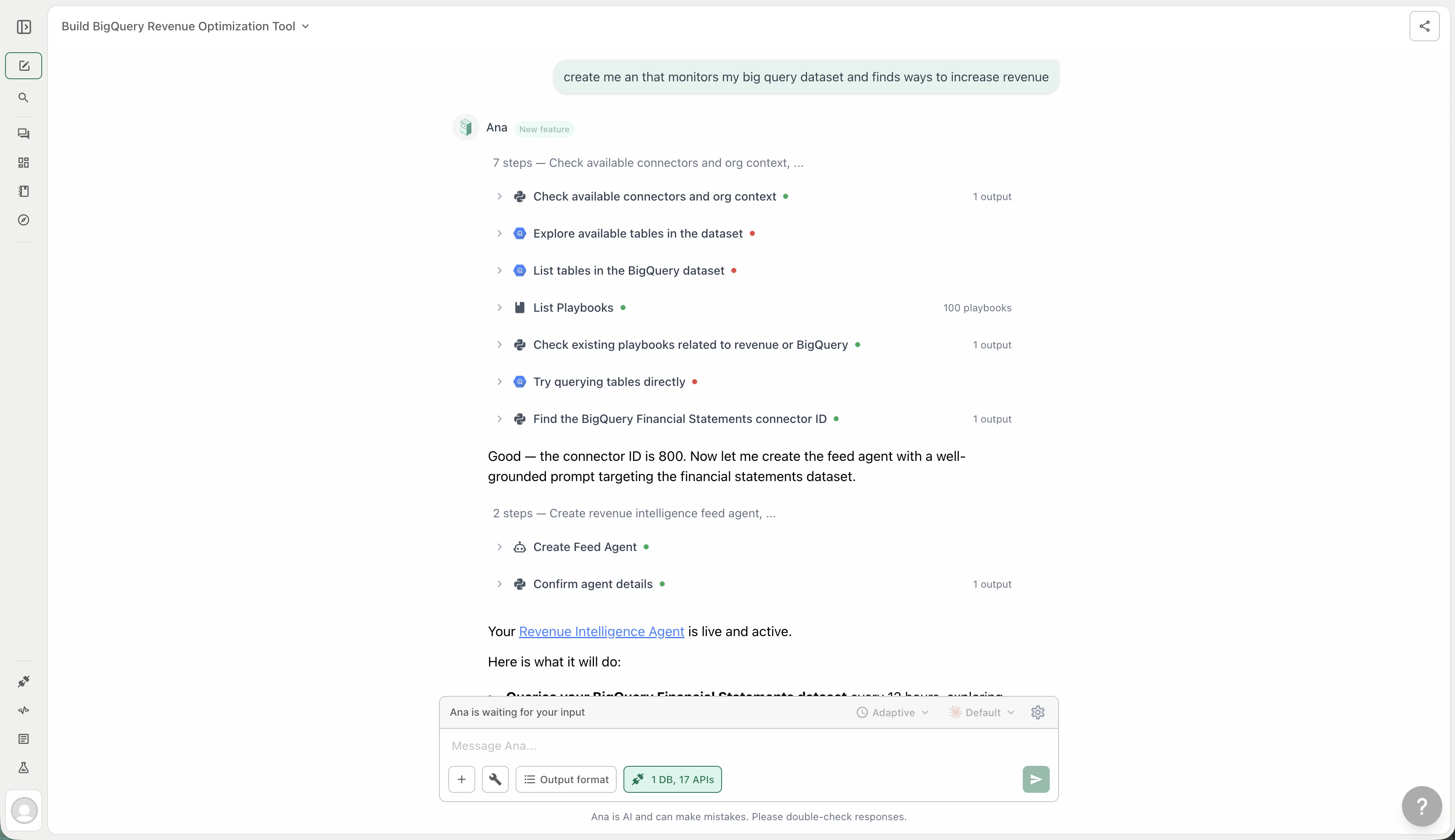 Agent chat — Ana confirms the agent config