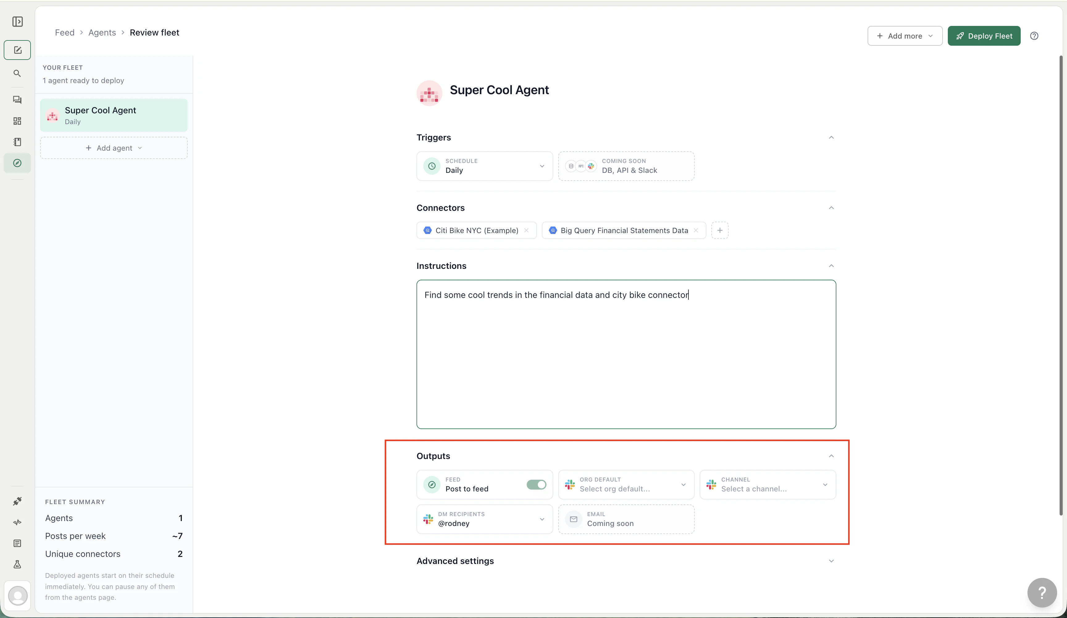 Agent outputs configuration