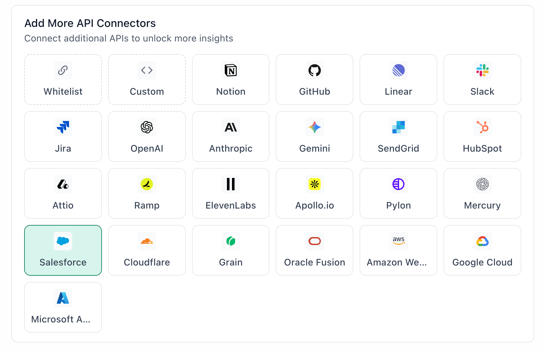 Salesforce connector in the TextQL API connectors grid