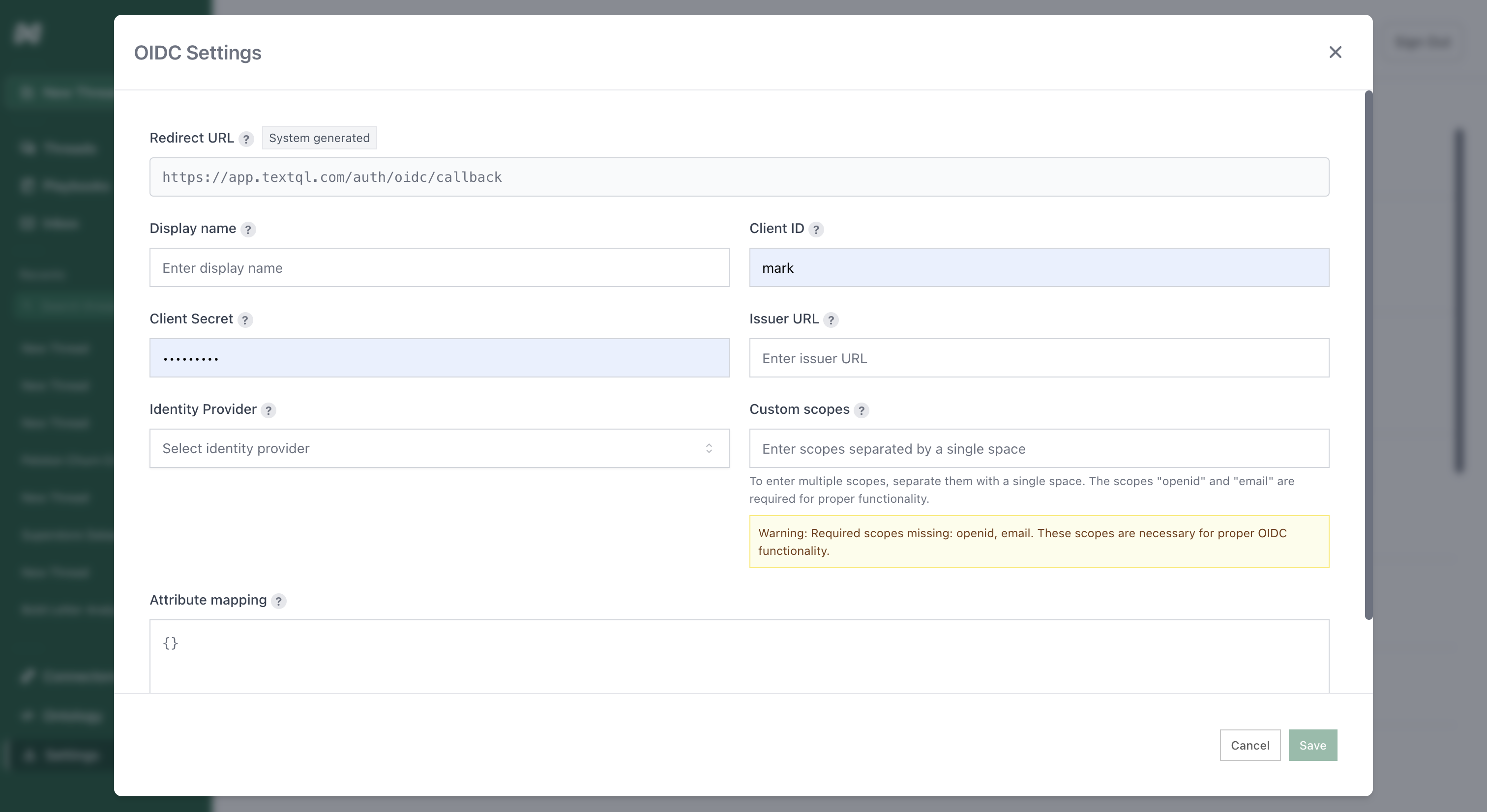 TextQL OIDC configuration form
