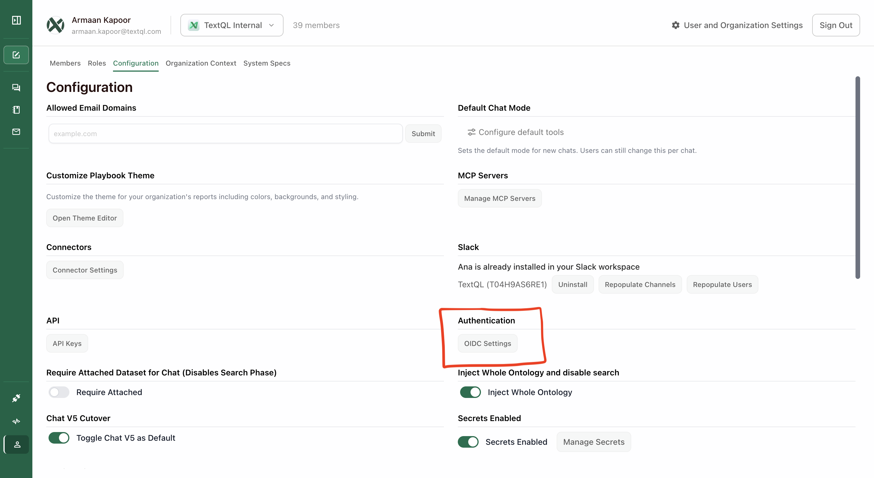 Configuration page with OIDC Settings button highlighted