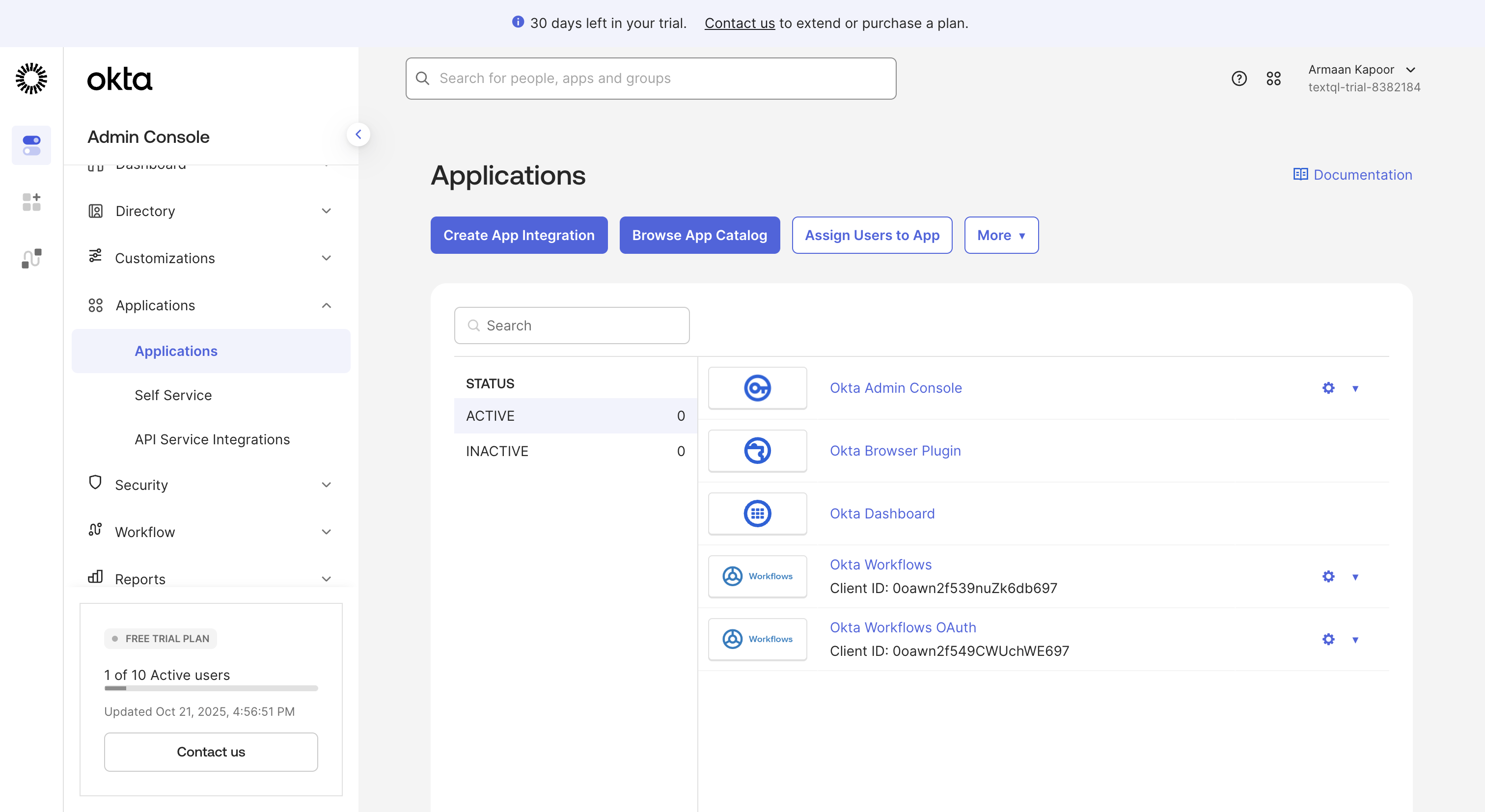 Okta Applications dashboard