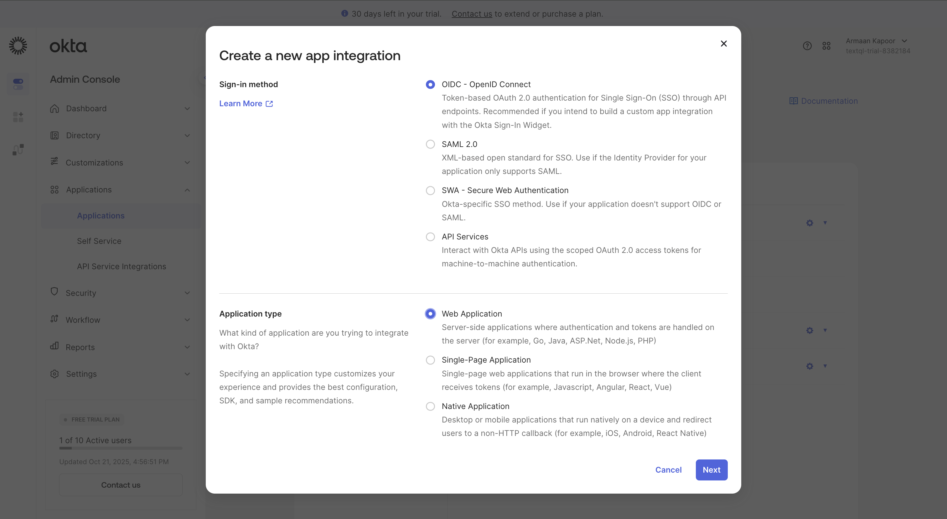 Okta create app integration dialog
