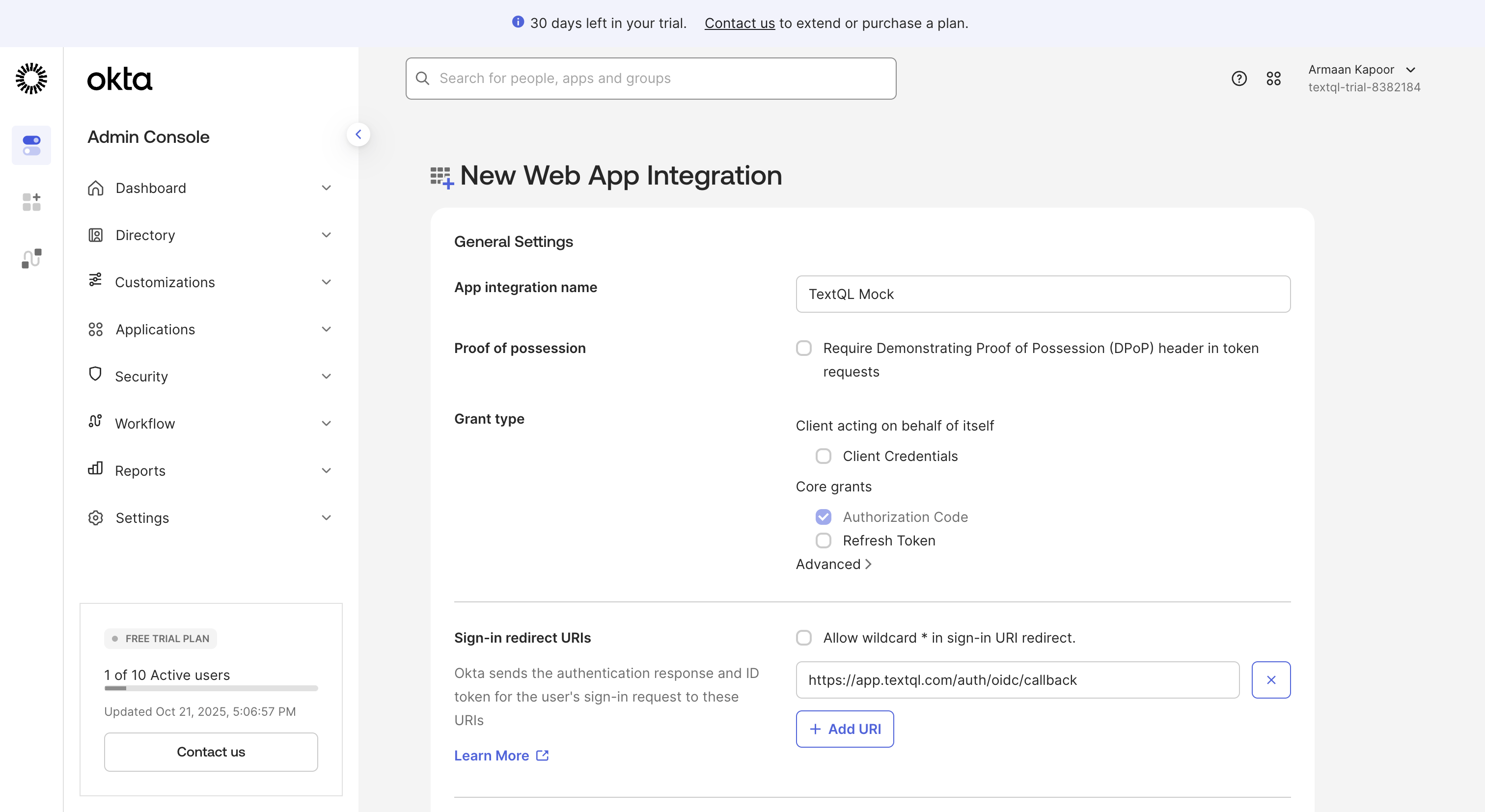 Okta app configuration form