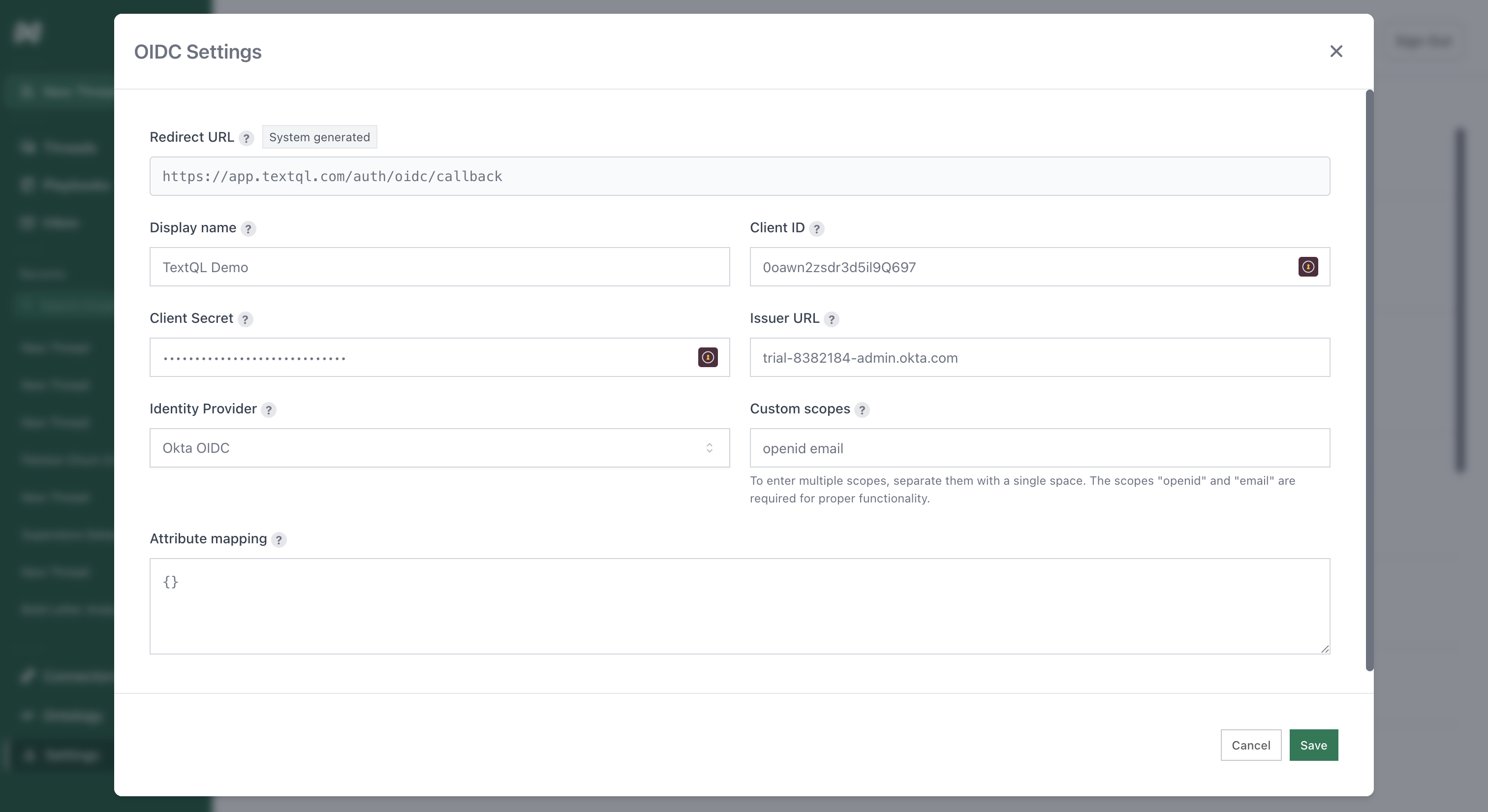 TextQL OIDC Settings fully configured