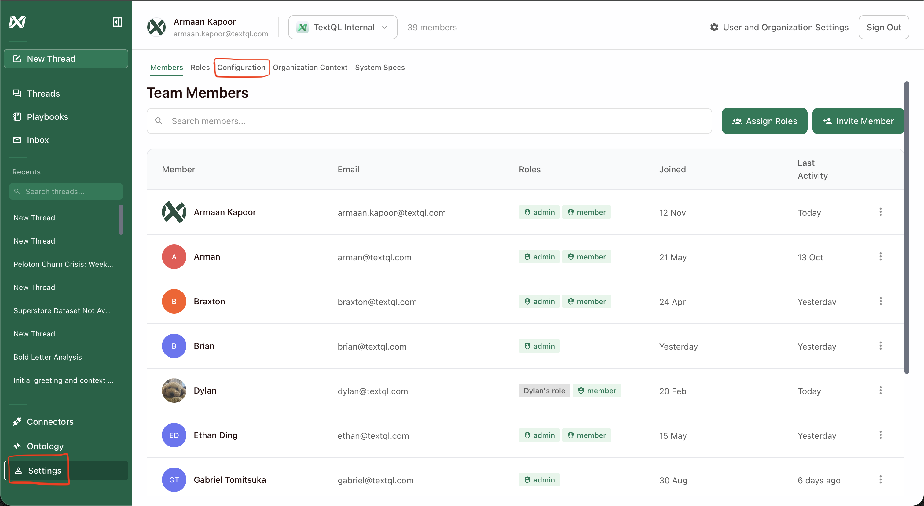 Settings page with Configuration tab highlighted