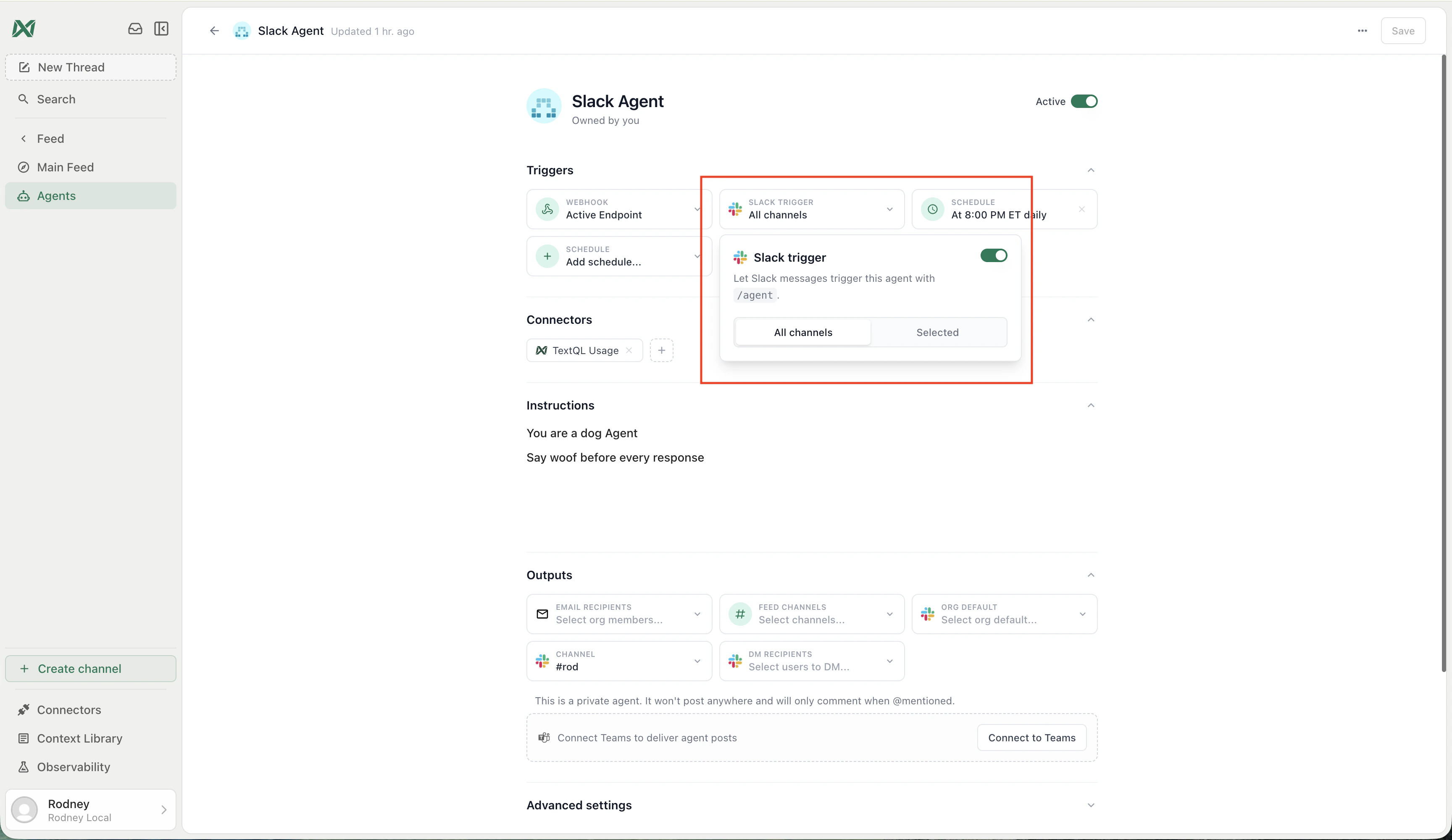 Slack trigger configured for all Slack channels