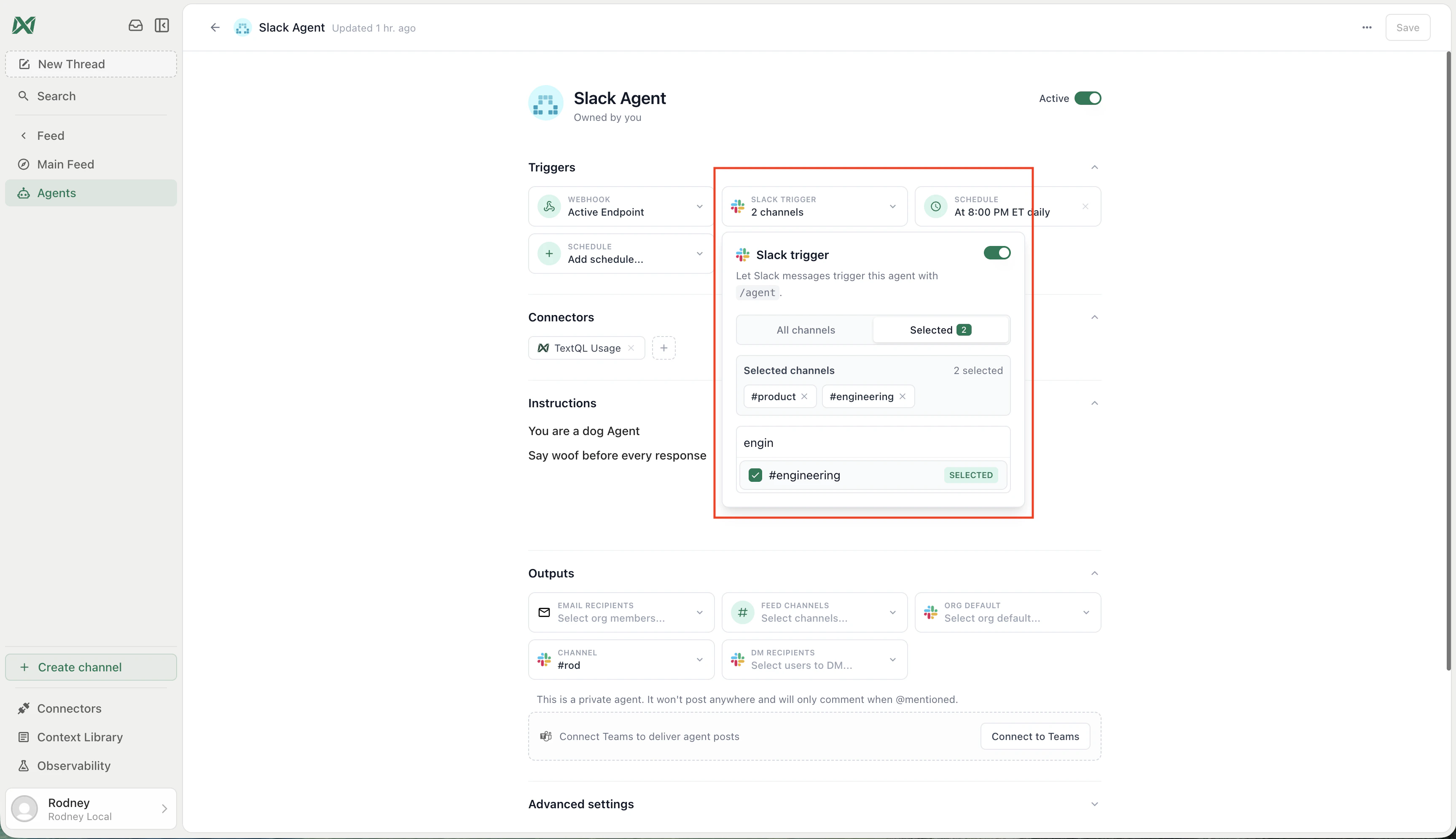 Slack trigger configured for selected Slack channels