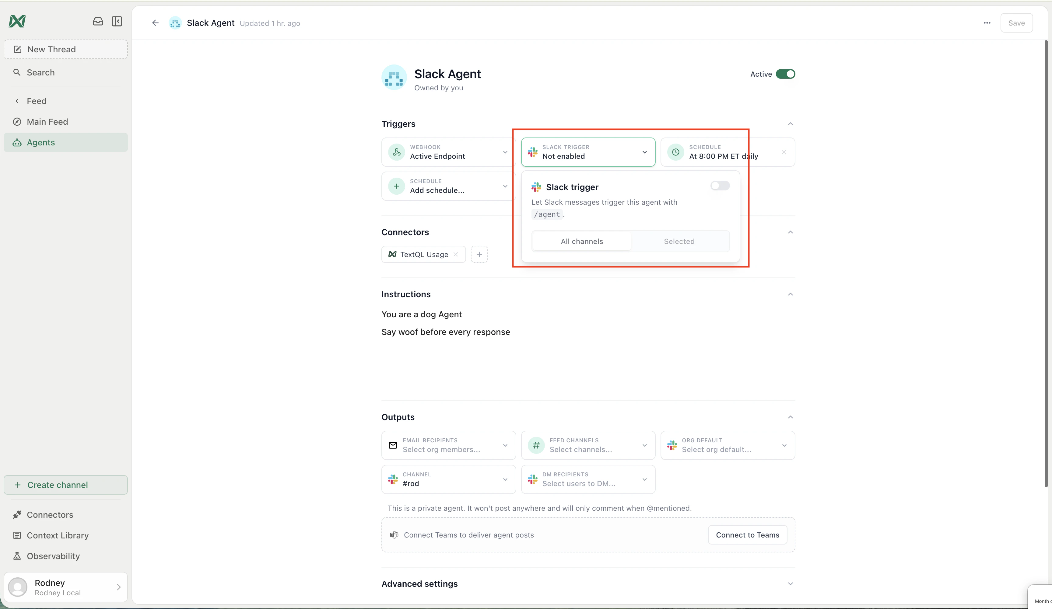 Slack trigger configuration with the trigger off